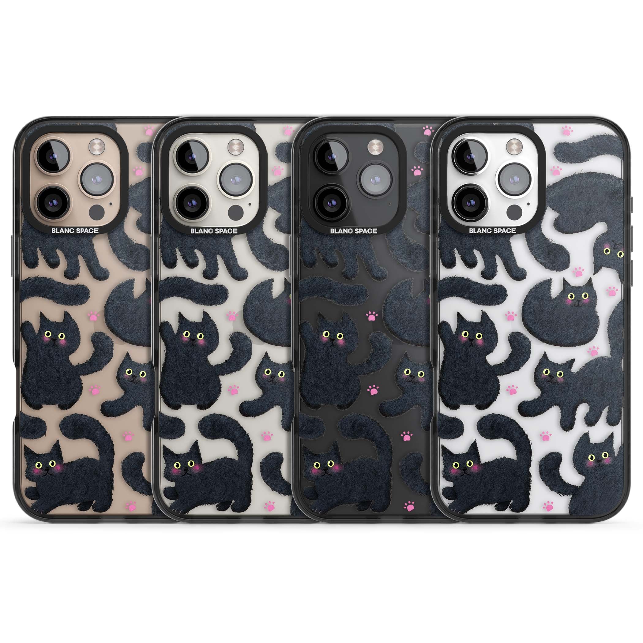 Midnight Cats cute iPhone case featuring black cat pattern with yellow eyes and pink paw prints | Black Impact case for iPhone 16 Pro, iPhone 16 Pro Max