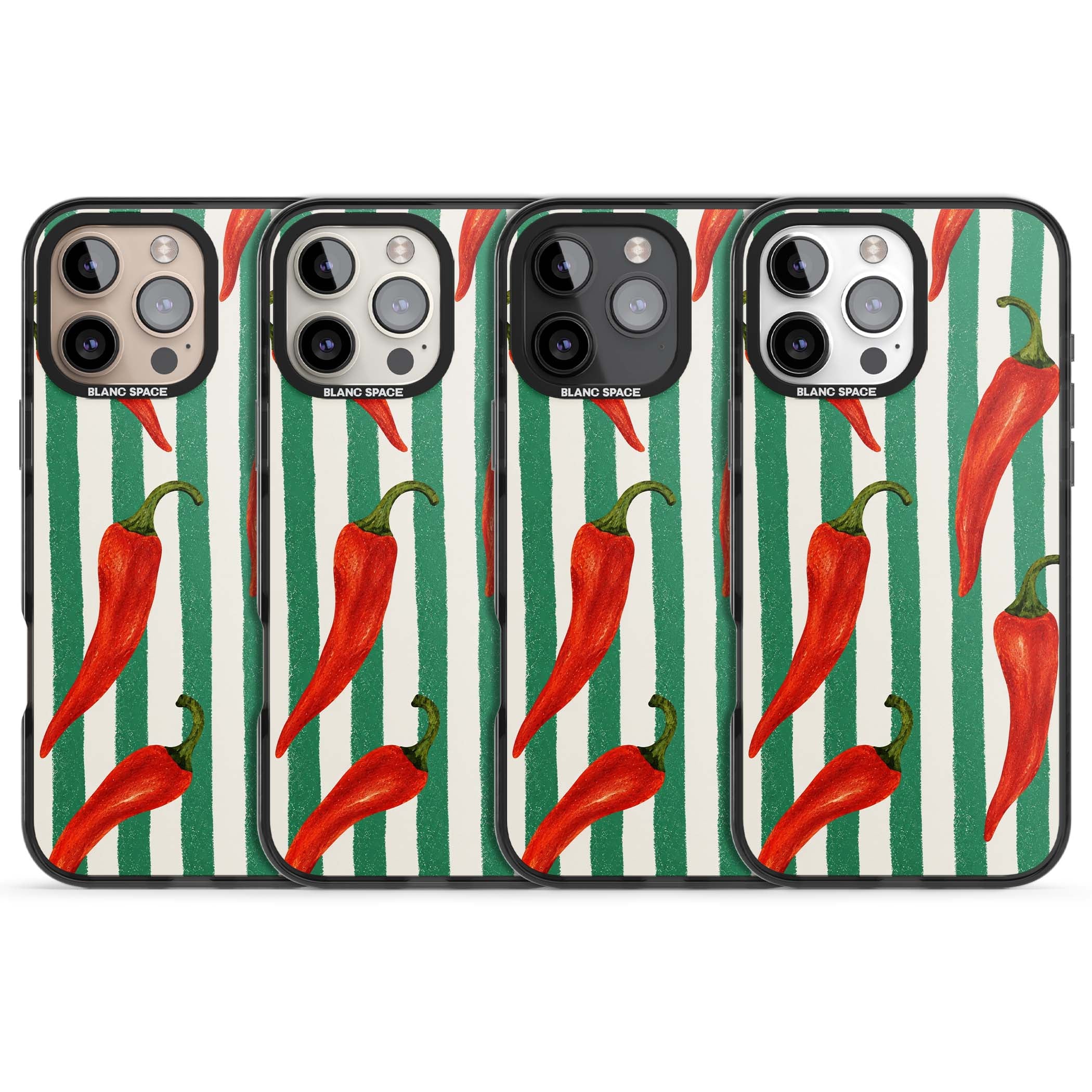 Striped Chillis coastal iPhone case featuring hand-painted red chili peppers on green and cream stripes | Black Impact case for iPhone 16 Pro, iPhone 16 Pro Max