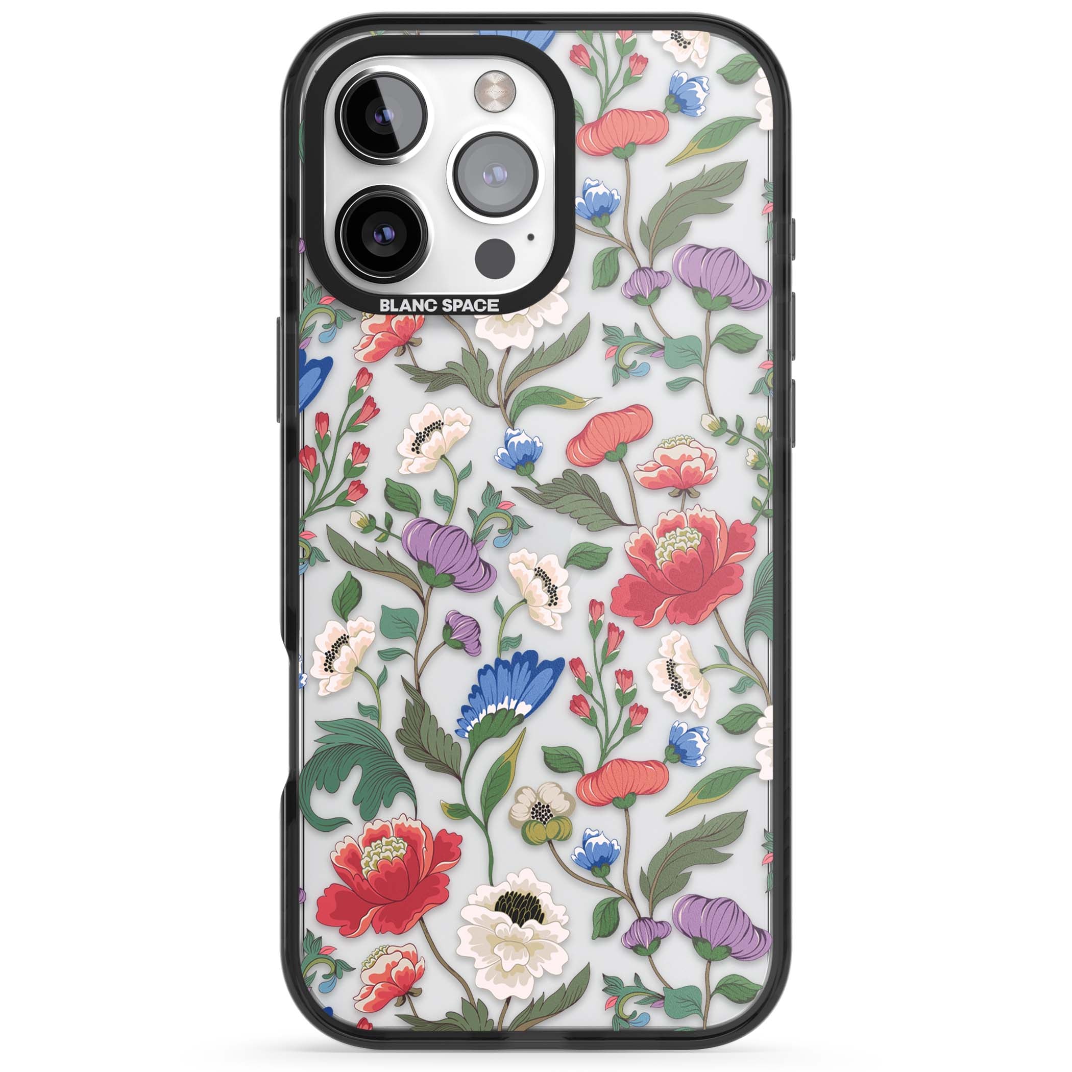 Chinoiserie Bloom vintage floral iPhone case featuring hand-painted peonies, poppies and trailing wildflowers on clear... | Black Impact case for iPhone 16 Pro, iPhone 16 Pro Max