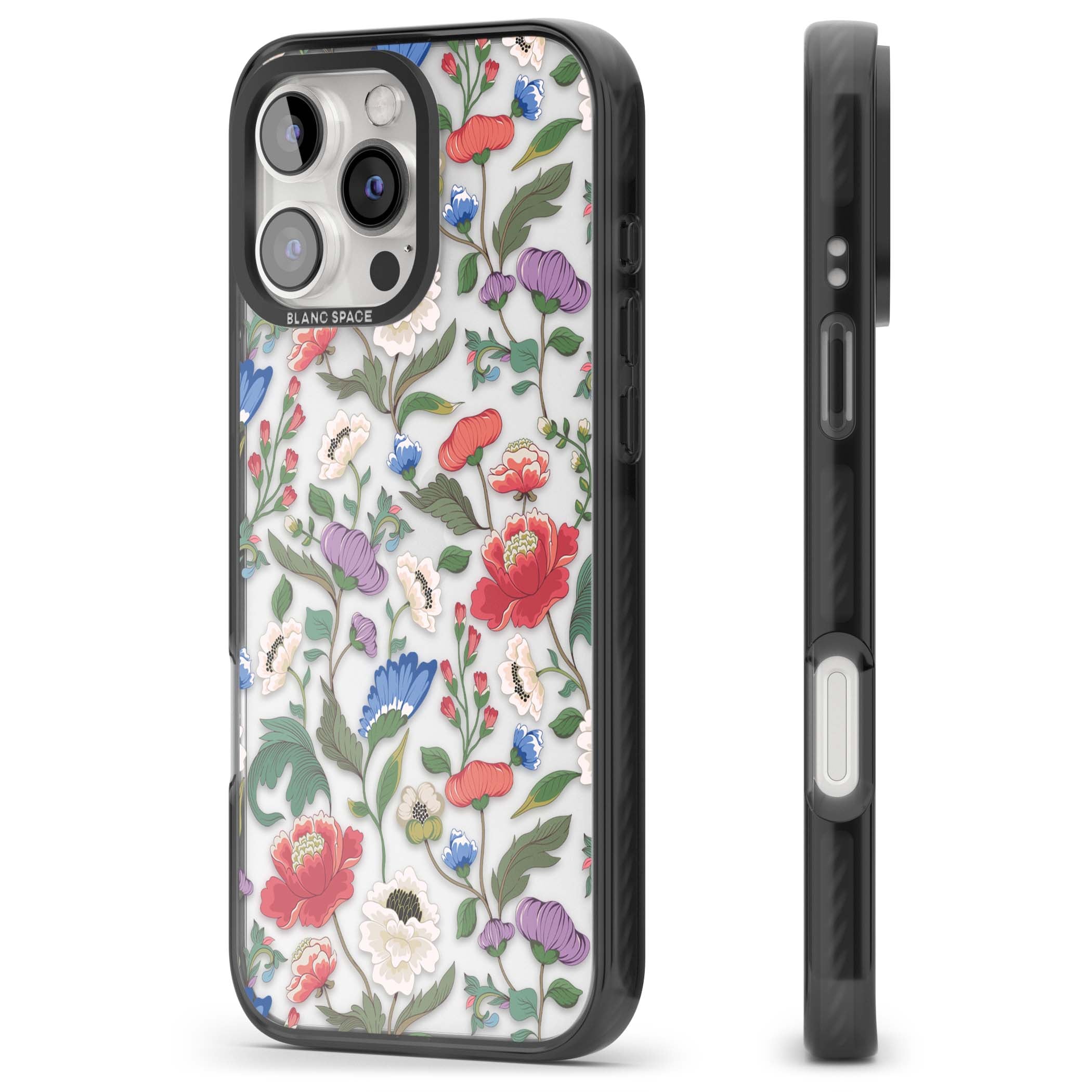 Chinoiserie Bloom vintage floral iPhone case featuring hand-painted peonies, poppies and trailing wildflowers on clear... | Black Impact case for iPhone 16 Pro, iPhone 16 Pro Max