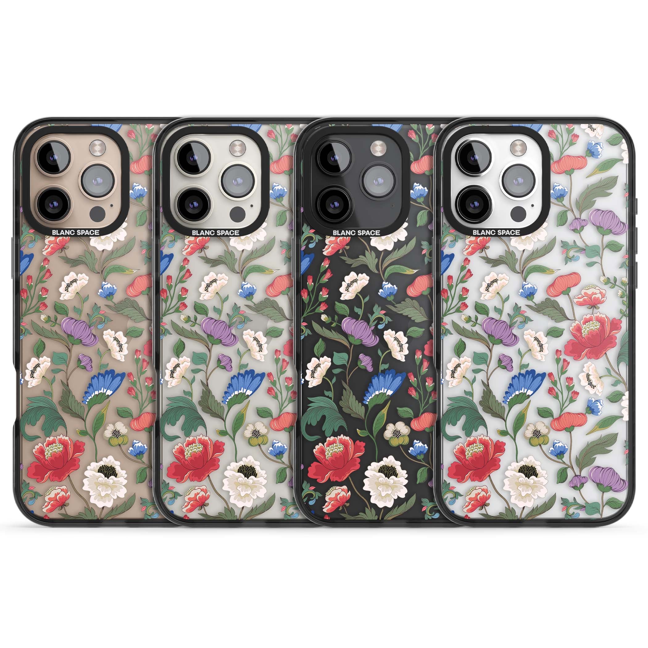 Chinoiserie Bloom vintage floral iPhone case featuring hand-painted peonies, poppies and trailing wildflowers on clear... | Black Impact case for iPhone 16 Pro, iPhone 16 Pro Max