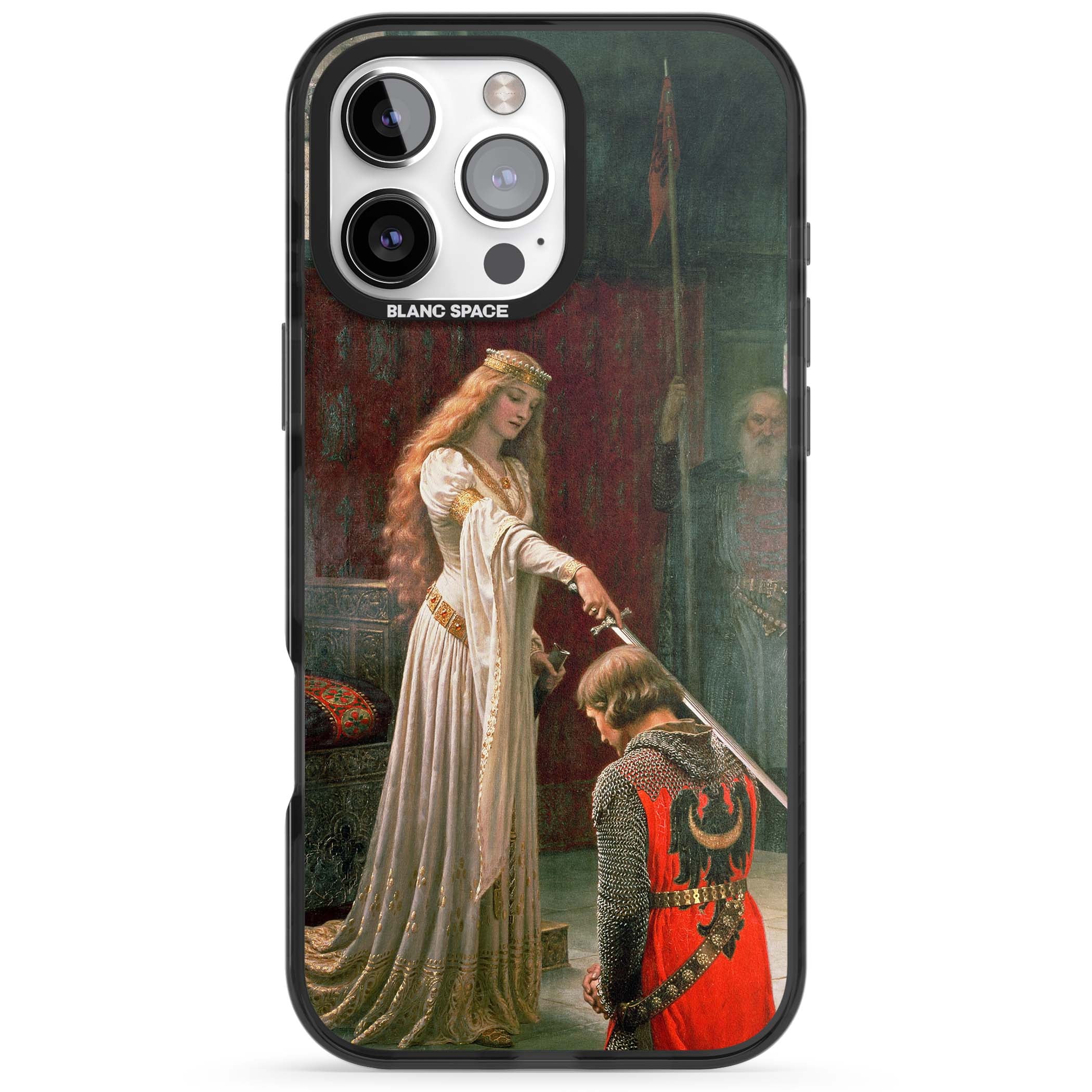 The Accolade renaissance art iPhone case featuring Edmund Blair Leighton's painting of a queen knighting a kneeling knight | Black Impact case for iPhone 16 Pro, iPhone 16 Pro Max