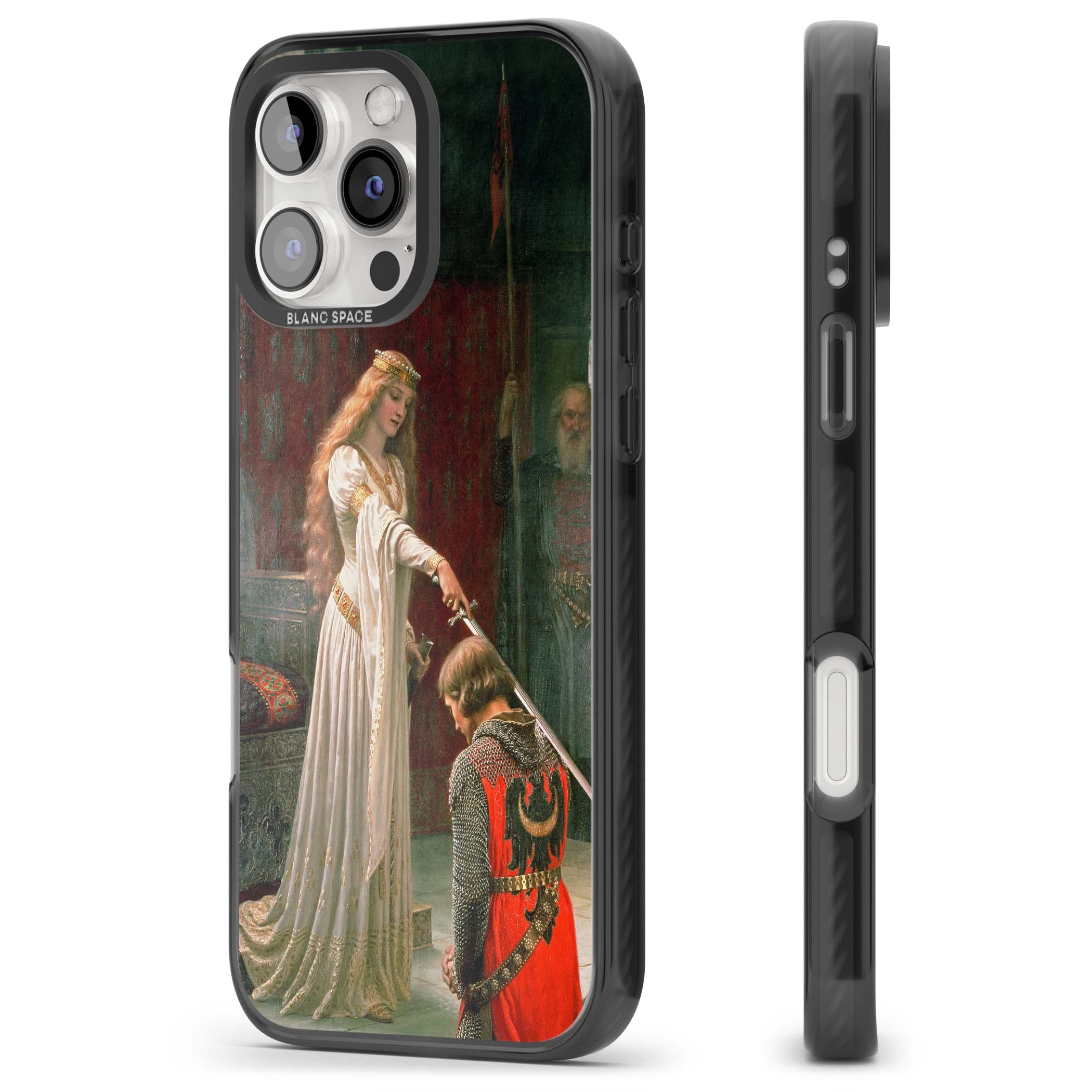 The Accolade renaissance art iPhone case featuring Edmund Blair Leighton's painting of a queen knighting a kneeling knight | Black Impact case for iPhone 16 Pro, iPhone 16 Pro Max