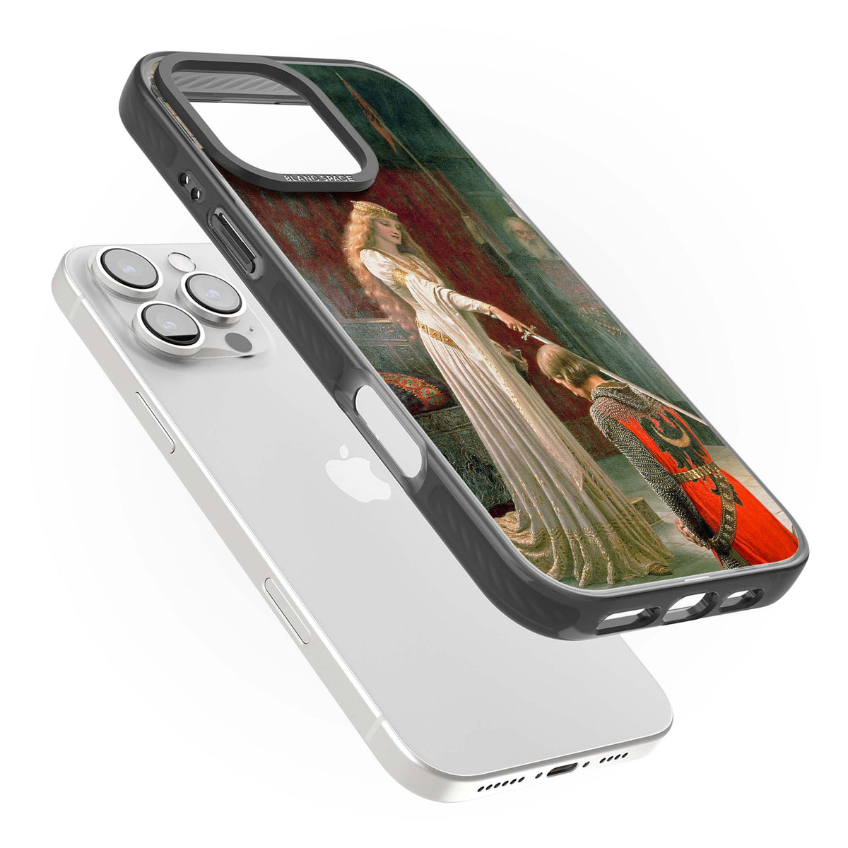 The Accolade renaissance art iPhone case featuring Edmund Blair Leighton's painting of a queen knighting a kneeling knight | Black Impact case for iPhone 16 Pro, iPhone 16 Pro Max