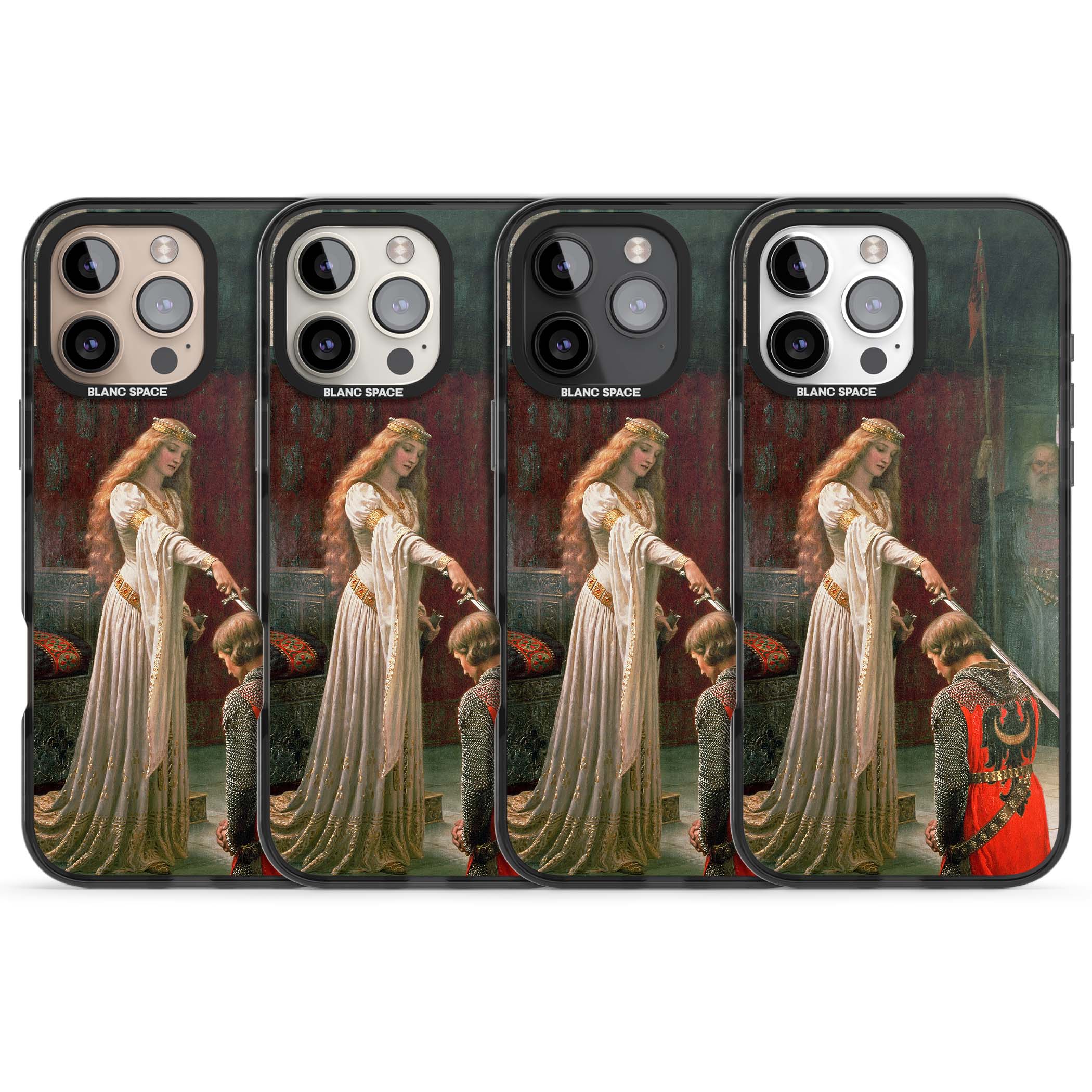 The Accolade renaissance art iPhone case featuring Edmund Blair Leighton's painting of a queen knighting a kneeling knight | Black Impact case for iPhone 16 Pro, iPhone 16 Pro Max