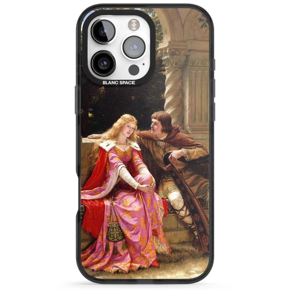 The End of the Song classic art iPhone case featuring a medieval lady in pink gown and her knight in a stone archway | Black Impact case for iPhone 16 Pro, iPhone 16 Pro Max