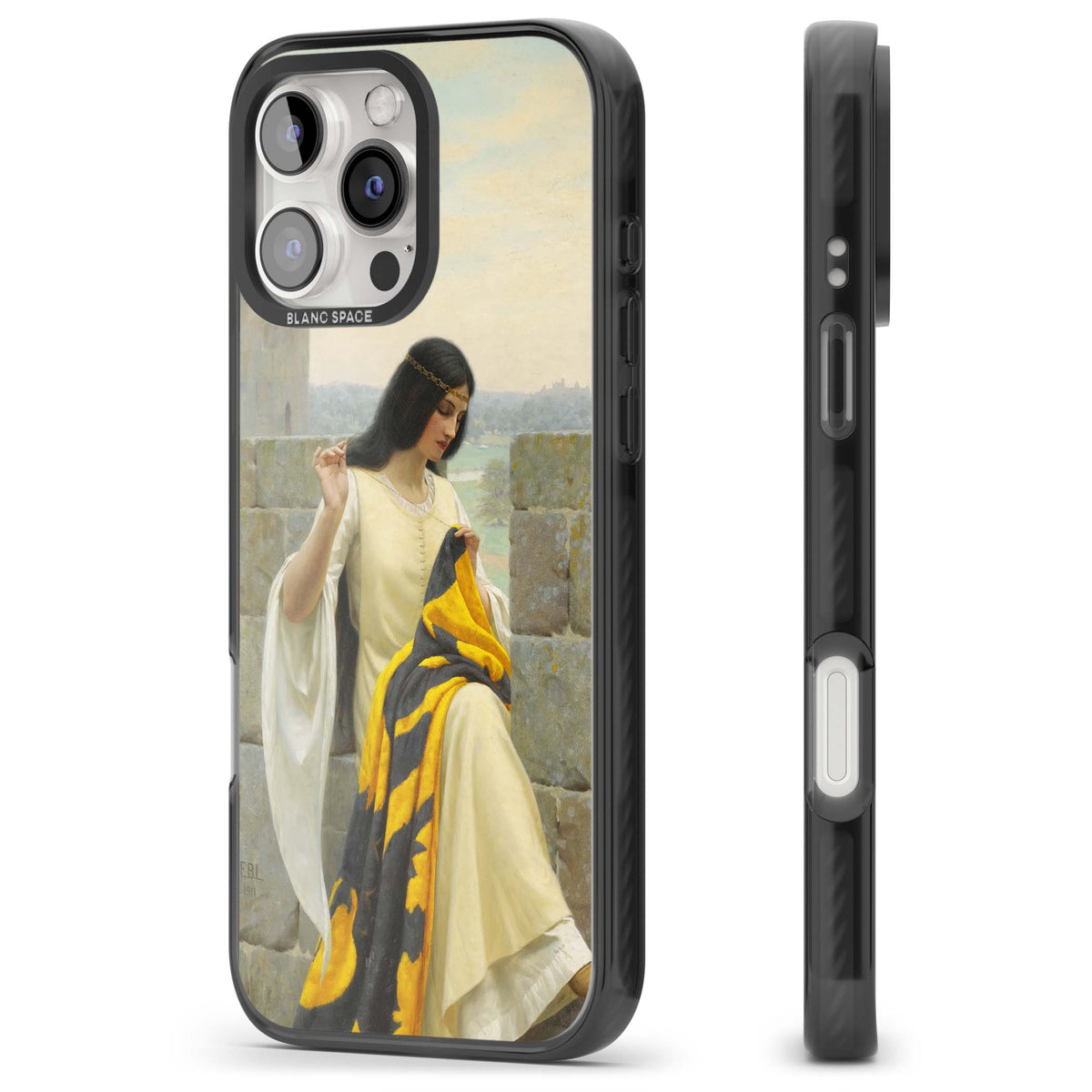 Stitching the Standard renaissance art iPhone case featuring a medieval lady sewing a golden banner on a castle wall | Black Impact case for iPhone 16 Pro, iPhone 16 Pro Max