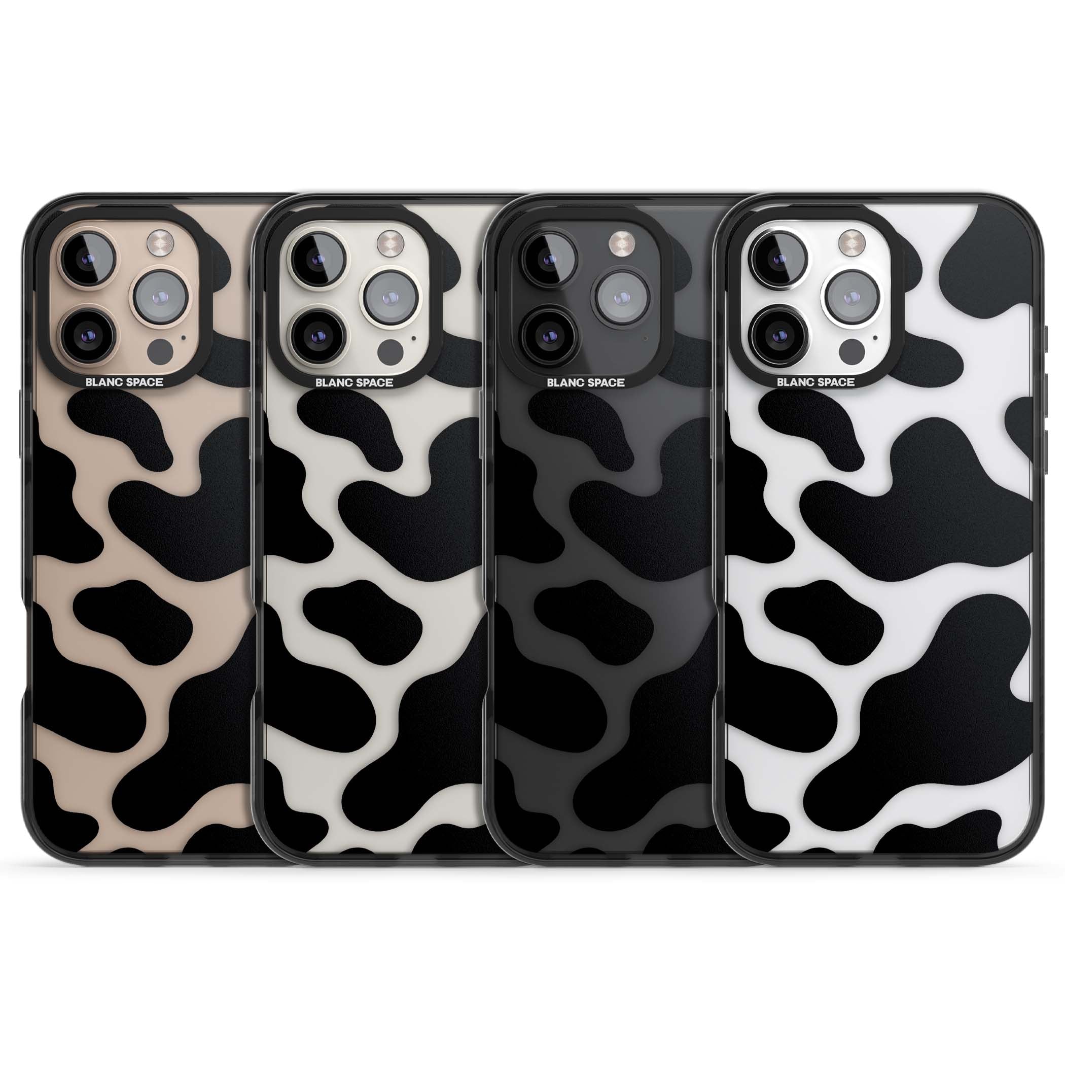 Clear Cow Print cow print iPhone case featuring black and white cow pattern splotches on a clear background | Black Impact case for iPhone 16 Pro, iPhone 16 Pro Max