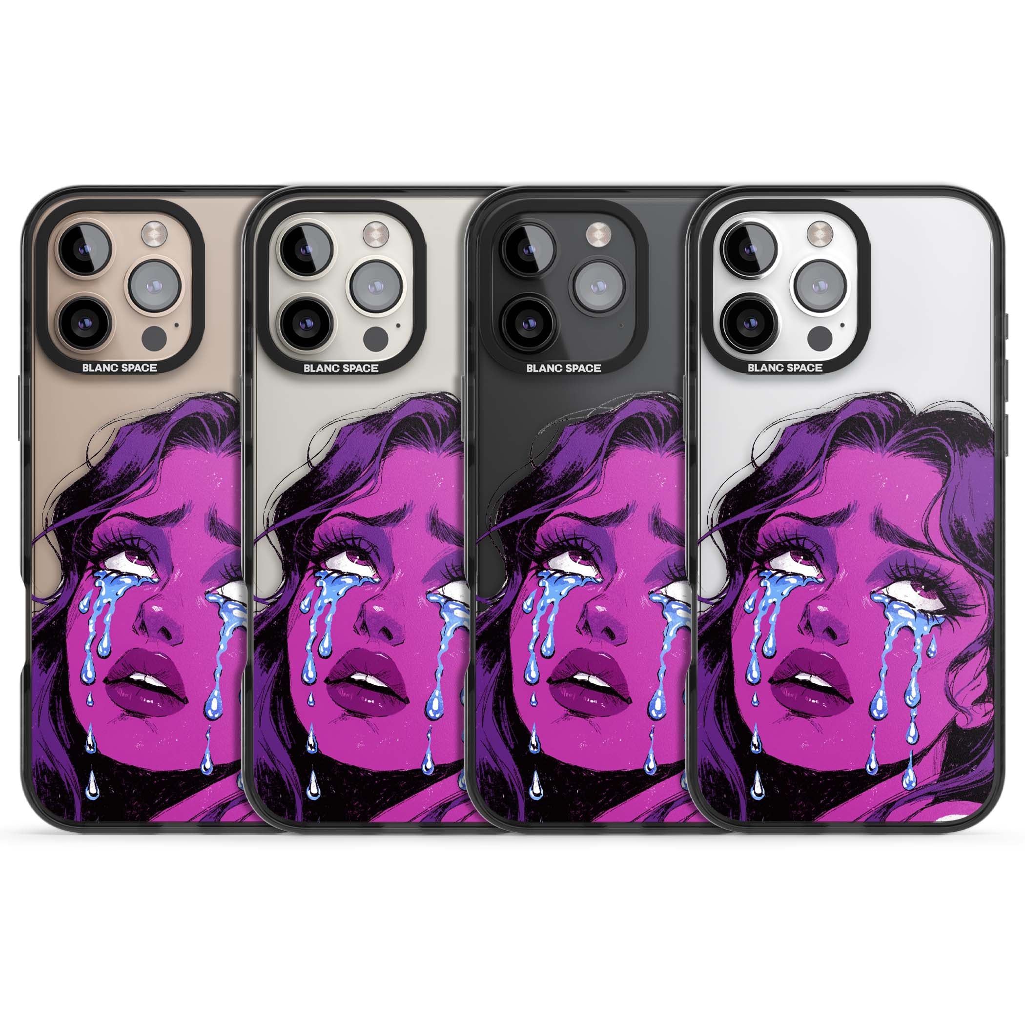 Drama Queen pop art iPhone case featuring a purple crying comic girl with blue tears | Black Impact case for iPhone 16 Pro, iPhone 16 Pro Max