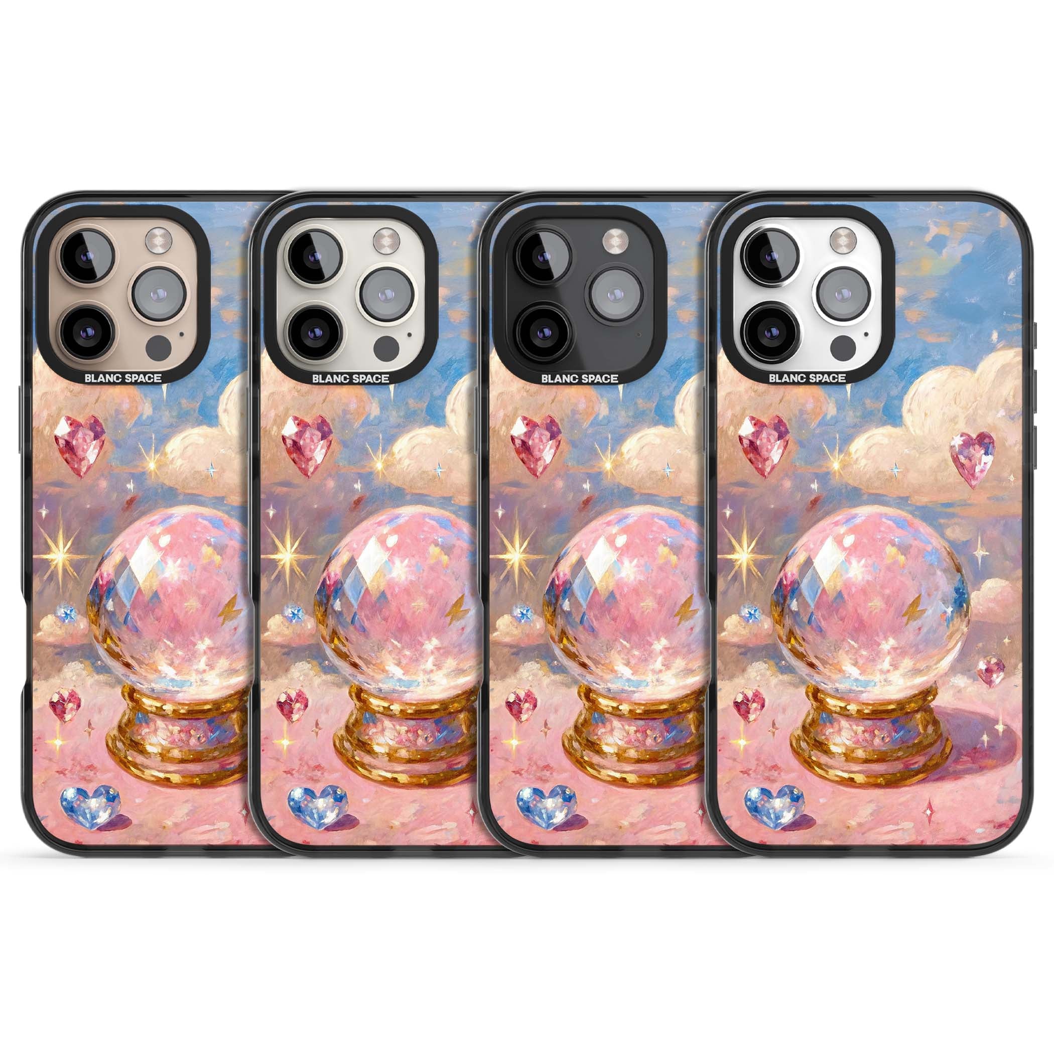 Crystal Ball fairycore iPhone case featuring a painted crystal ball, heart gemstones, and pastel clouds | Black Impact case for iPhone 16 Pro, iPhone 16 Pro Max