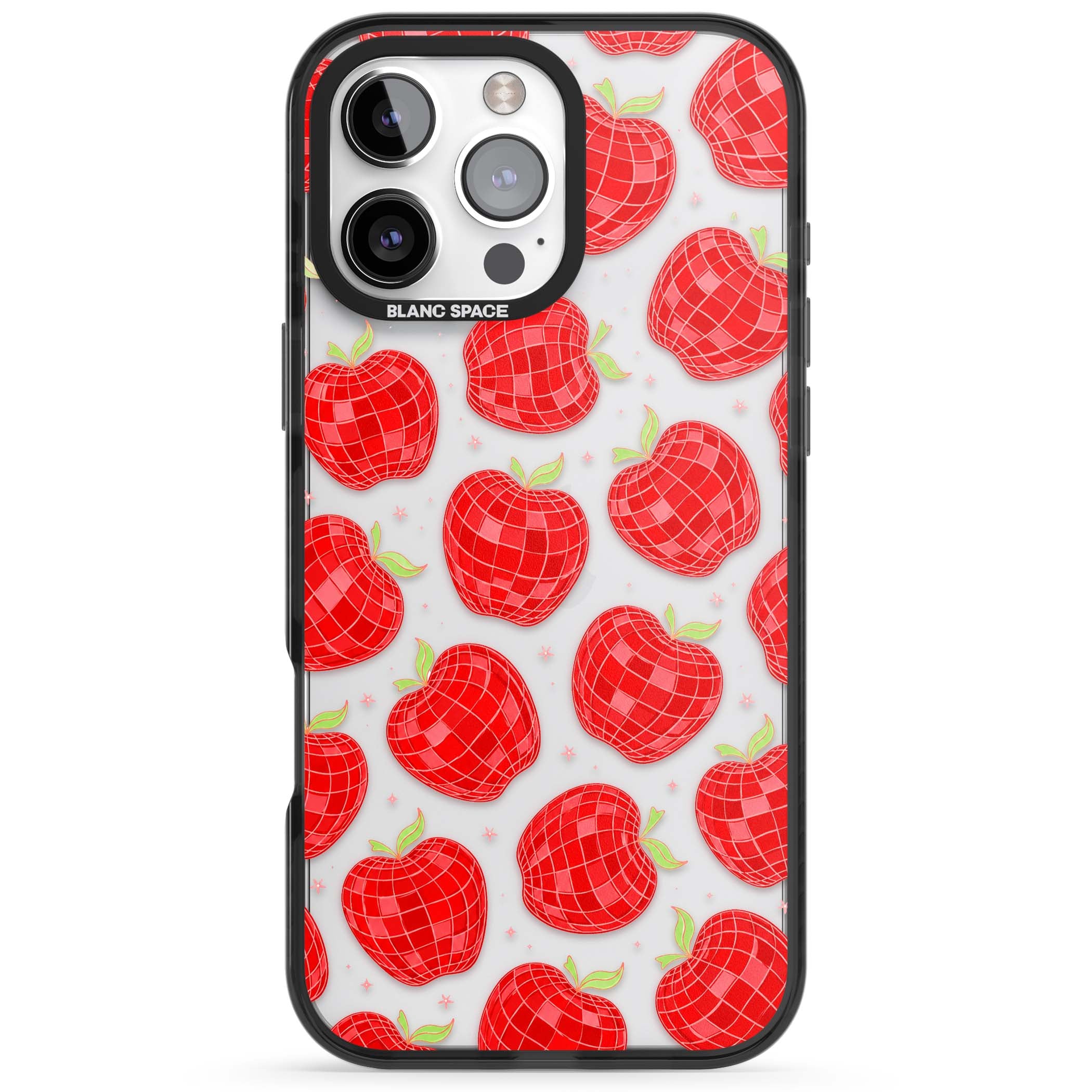 Disco Apples Y2K iPhone case featuring red disco ball apples, green leaves and pink sparkles on clear | Black Impact case for iPhone 16 Pro, iPhone 16 Pro Max