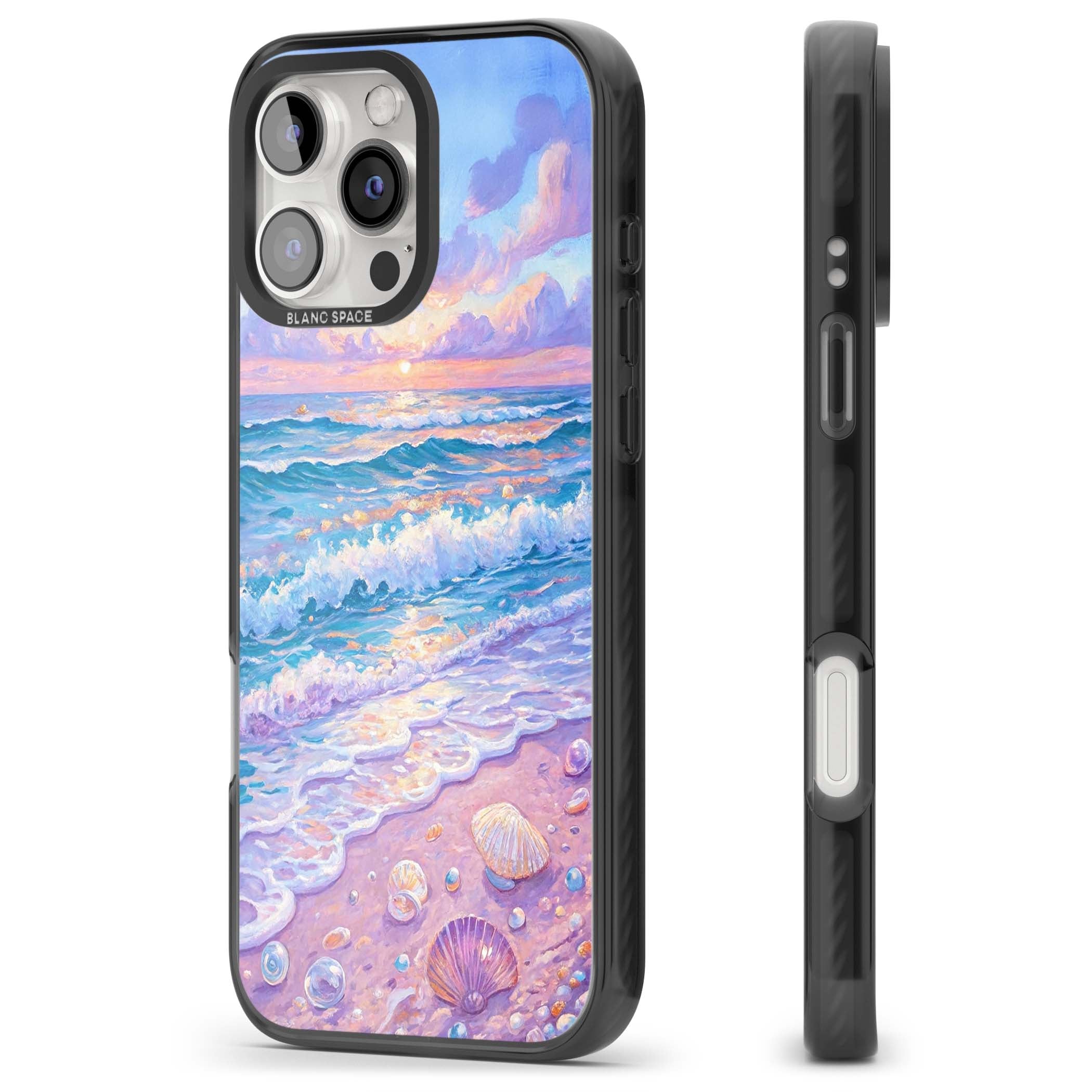Pearl Shore coastal iPhone case featuring pastel painted waves, seashells, and a sunrise sky over a lavender beach. | Black Impact case for iPhone 16 Pro, iPhone 16 Pro Max