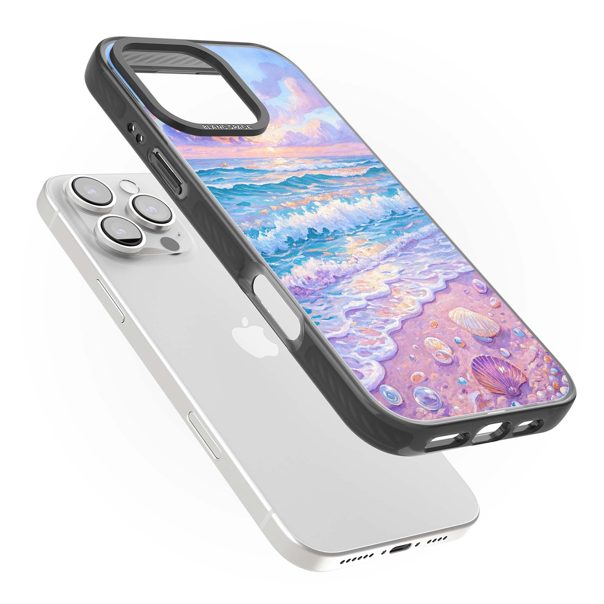 Pearl Shore coastal iPhone case featuring pastel painted waves, seashells, and a sunrise sky over a lavender beach. | Black Impact case for iPhone 16 Pro, iPhone 16 Pro Max