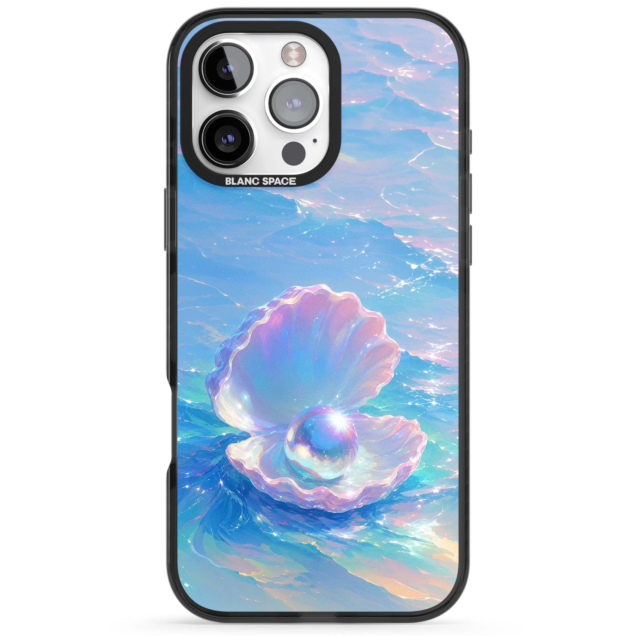 The Pearl Clam mermaidcore iPhone case featuring iridescent seashell, glowing pearl and pastel ocean waves | Black Impact case for iPhone 16 Pro, iPhone 16 Pro Max