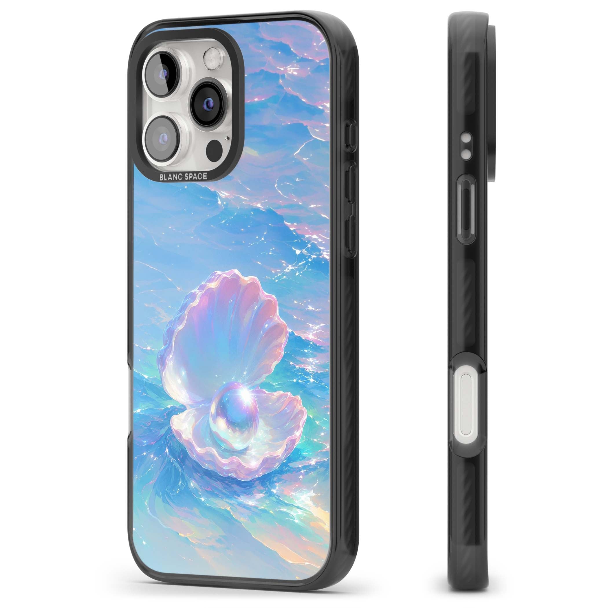 The Pearl Clam mermaidcore iPhone case featuring iridescent seashell, glowing pearl and pastel ocean waves | Black Impact case for iPhone 16 Pro, iPhone 16 Pro Max