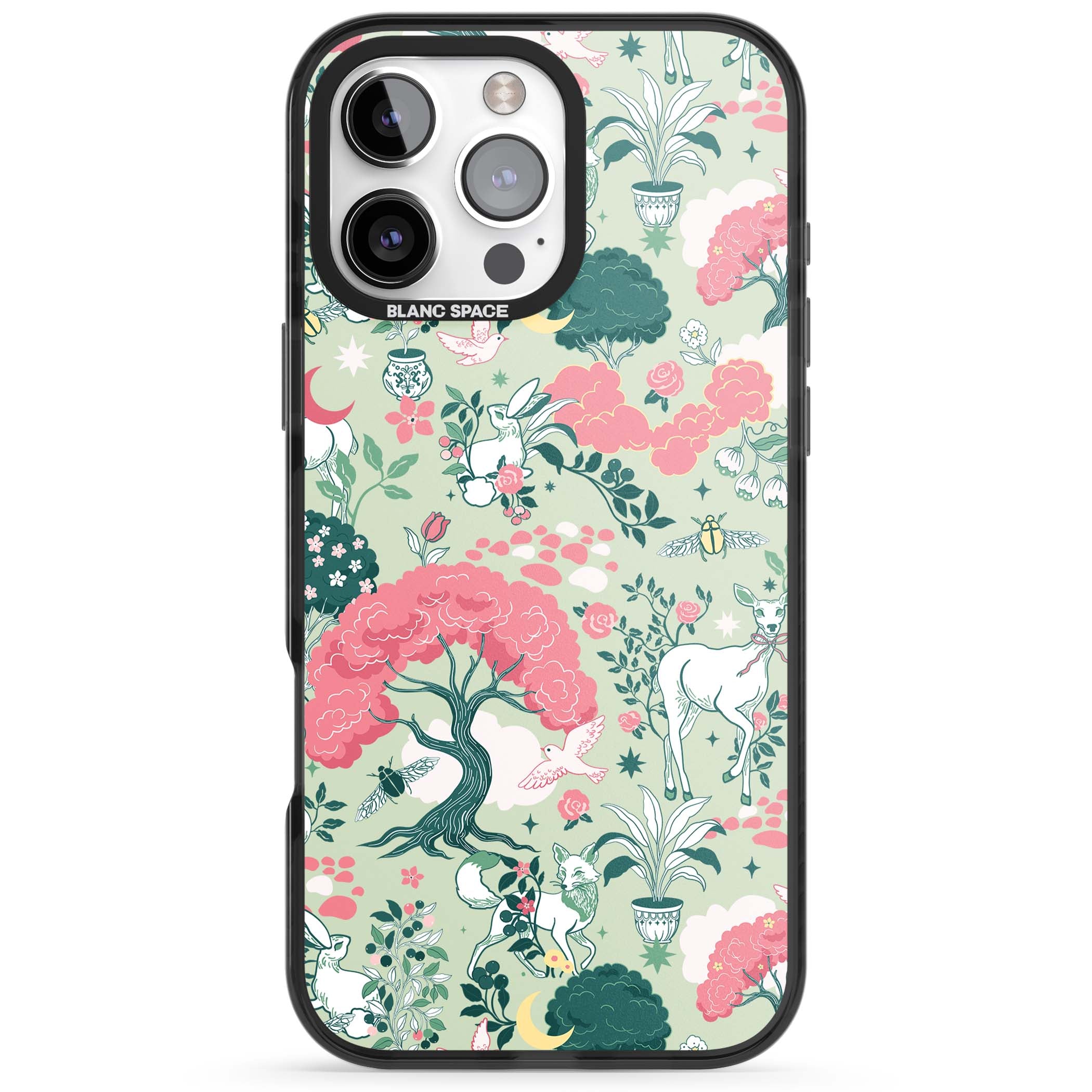 Enchanted Woodland cottagecore iPhone case featuring white deer, pink roses, mushrooms and woodland animals on sage green | Black Impact case for iPhone 16 Pro, iPhone 16 Pro Max