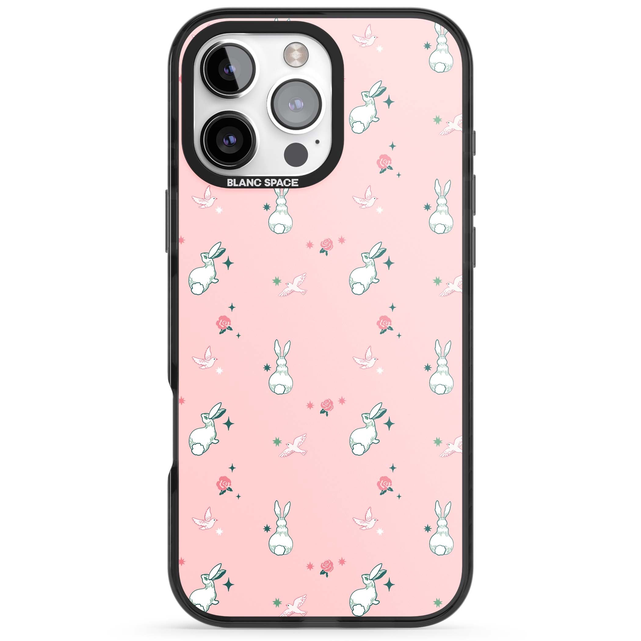 Bunny Garden kawaii iPhone case featuring white rabbits, pink roses, doves and stars on pink background | Black Impact case for iPhone 16 Pro, iPhone 16 Pro Max