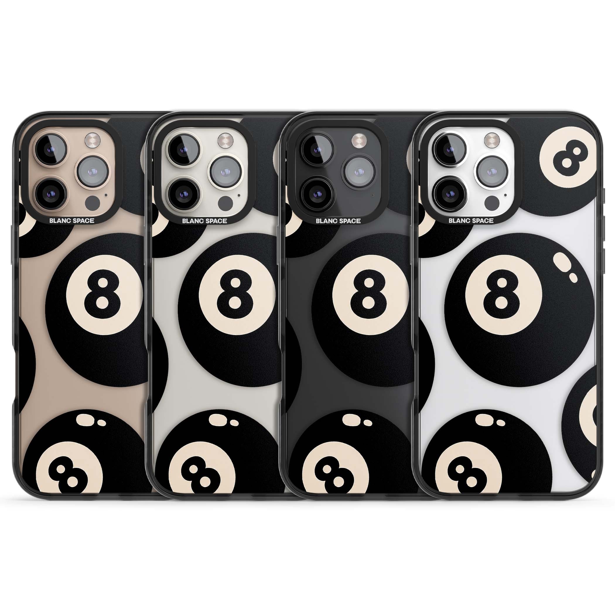 Eights y2k iPhone case featuring scattered black 8 balls with cream highlights on a clear background | Black Impact case for iPhone 16 Pro, iPhone 16 Pro Max