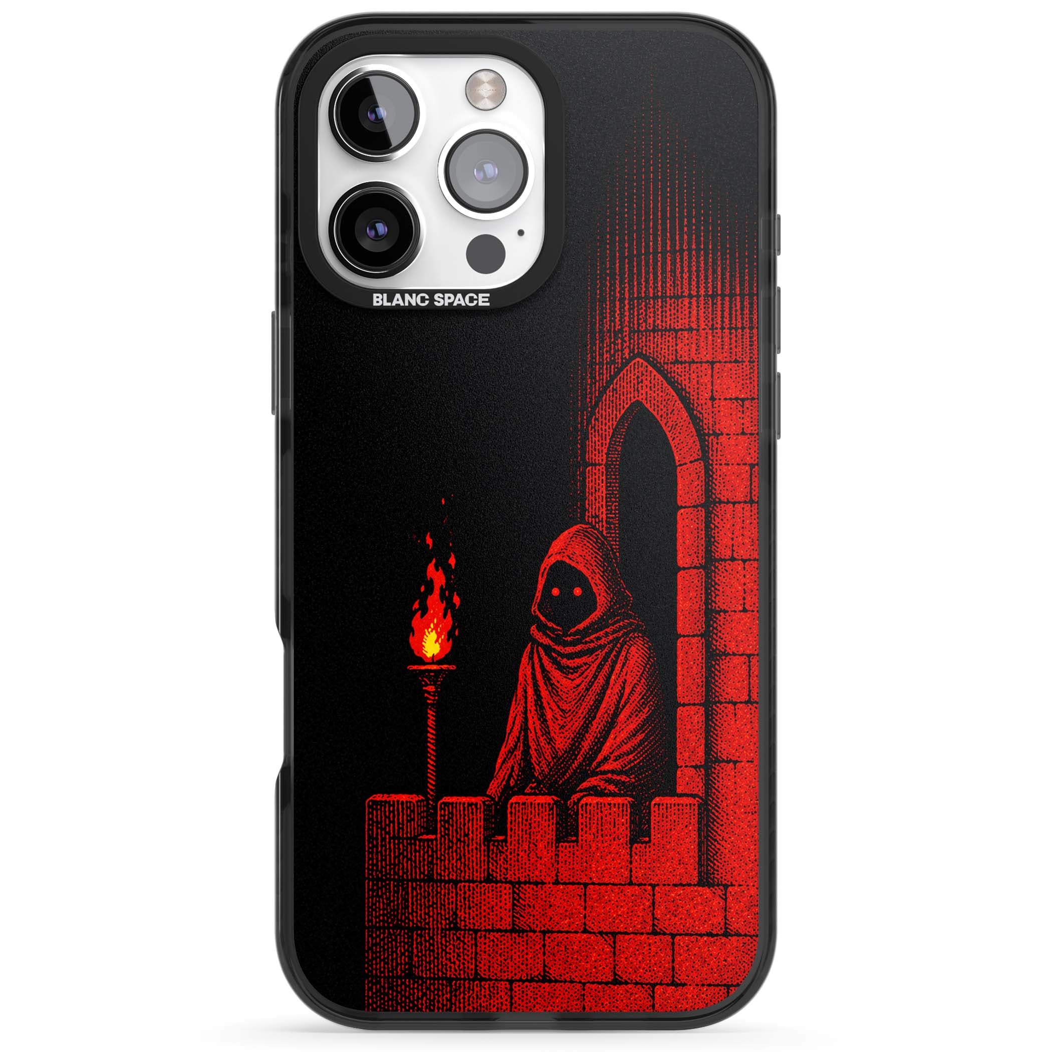Crimson Crypt gothic iPhone case featuring a hooded reaper, torchlit crypt archway and red halftone horror art | Black Impact case for iPhone 16 Pro, iPhone 16 Pro Max