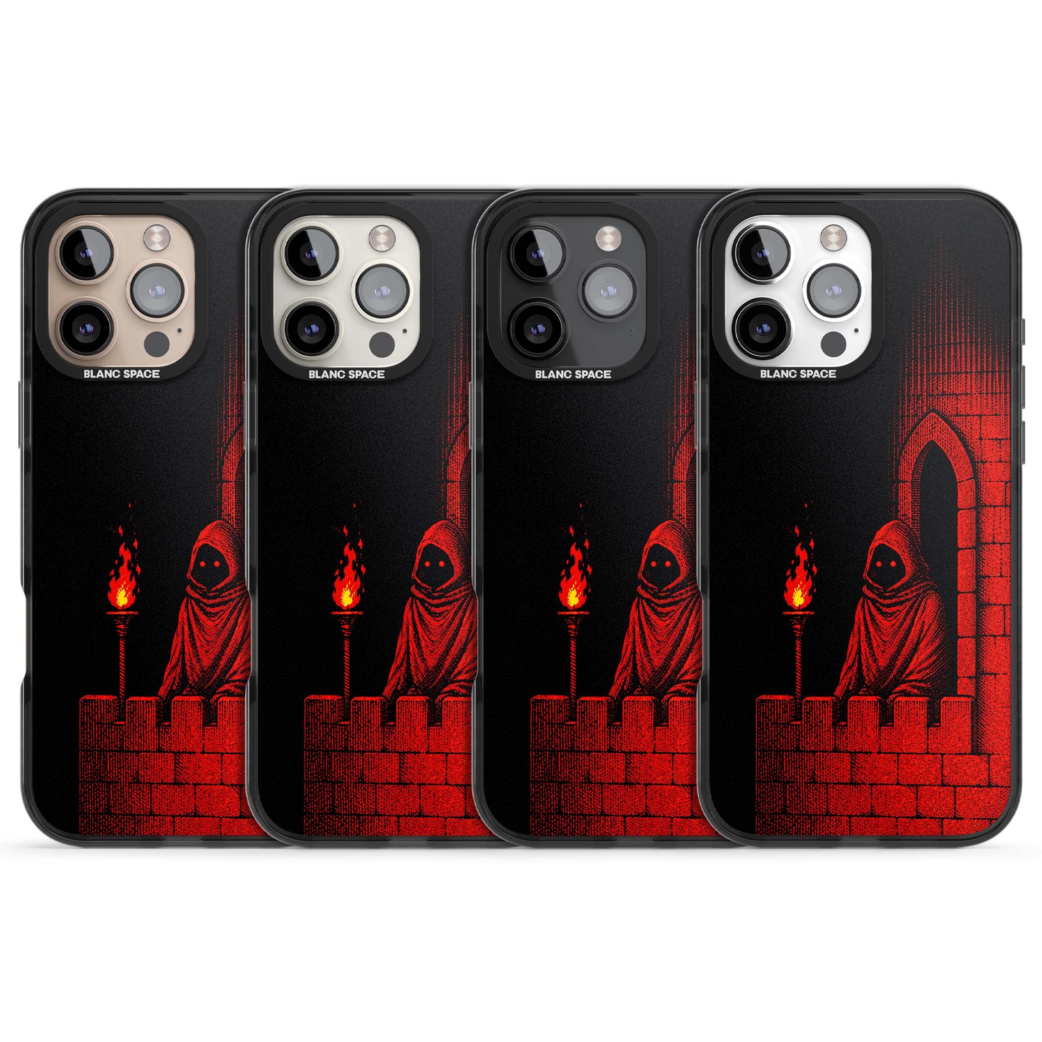 Crimson Crypt gothic iPhone case featuring a hooded reaper, torchlit crypt archway and red halftone horror art | Black Impact case for iPhone 16 Pro, iPhone 16 Pro Max