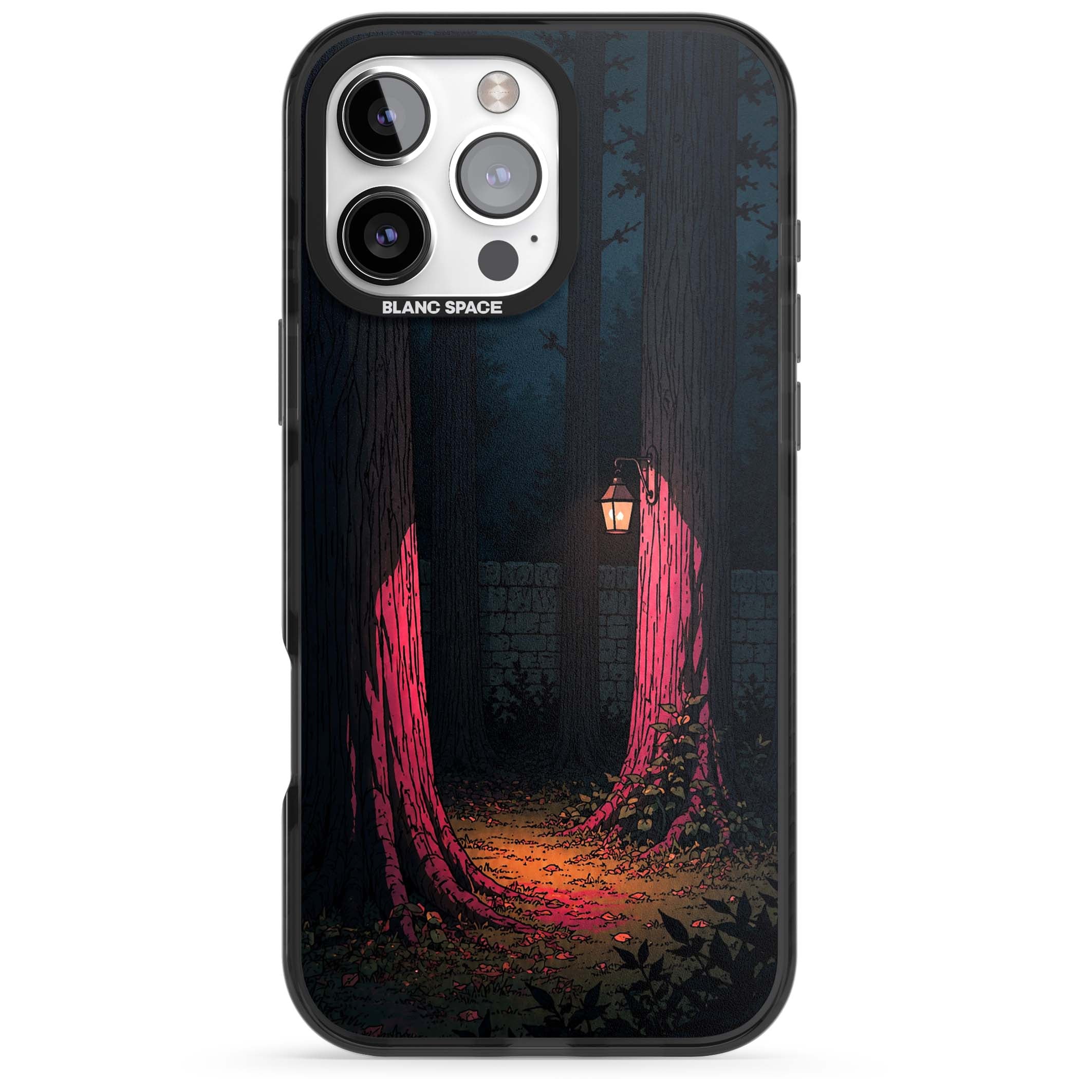 Forest Lantern dark academia iPhone case featuring a moonlit forest, glowing lantern, and stone wall pathway | Black Impact case for iPhone 16 Pro, iPhone 16 Pro Max