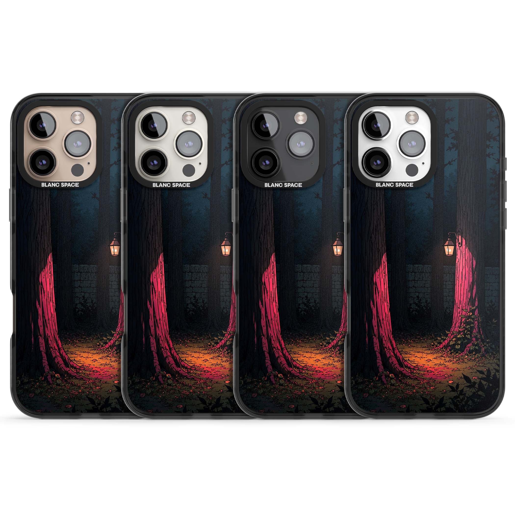 Forest Lantern dark academia iPhone case featuring a moonlit forest, glowing lantern, and stone wall pathway | Black Impact case for iPhone 16 Pro, iPhone 16 Pro Max