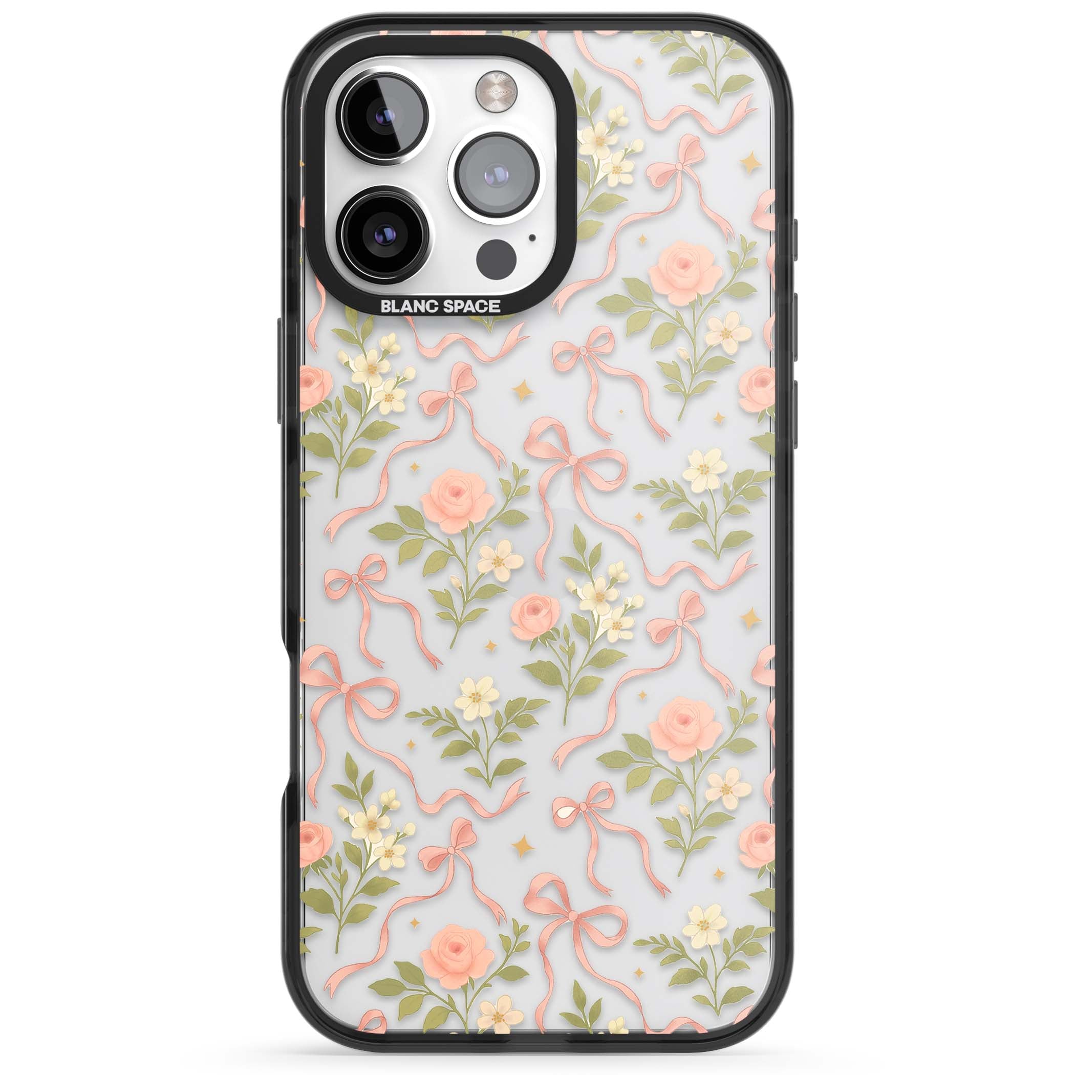 Ribbon Garden coquette iPhone case featuring pink bows, peach roses and wildflowers on white background | Black Impact case for iPhone 16 Pro, iPhone 16 Pro Max