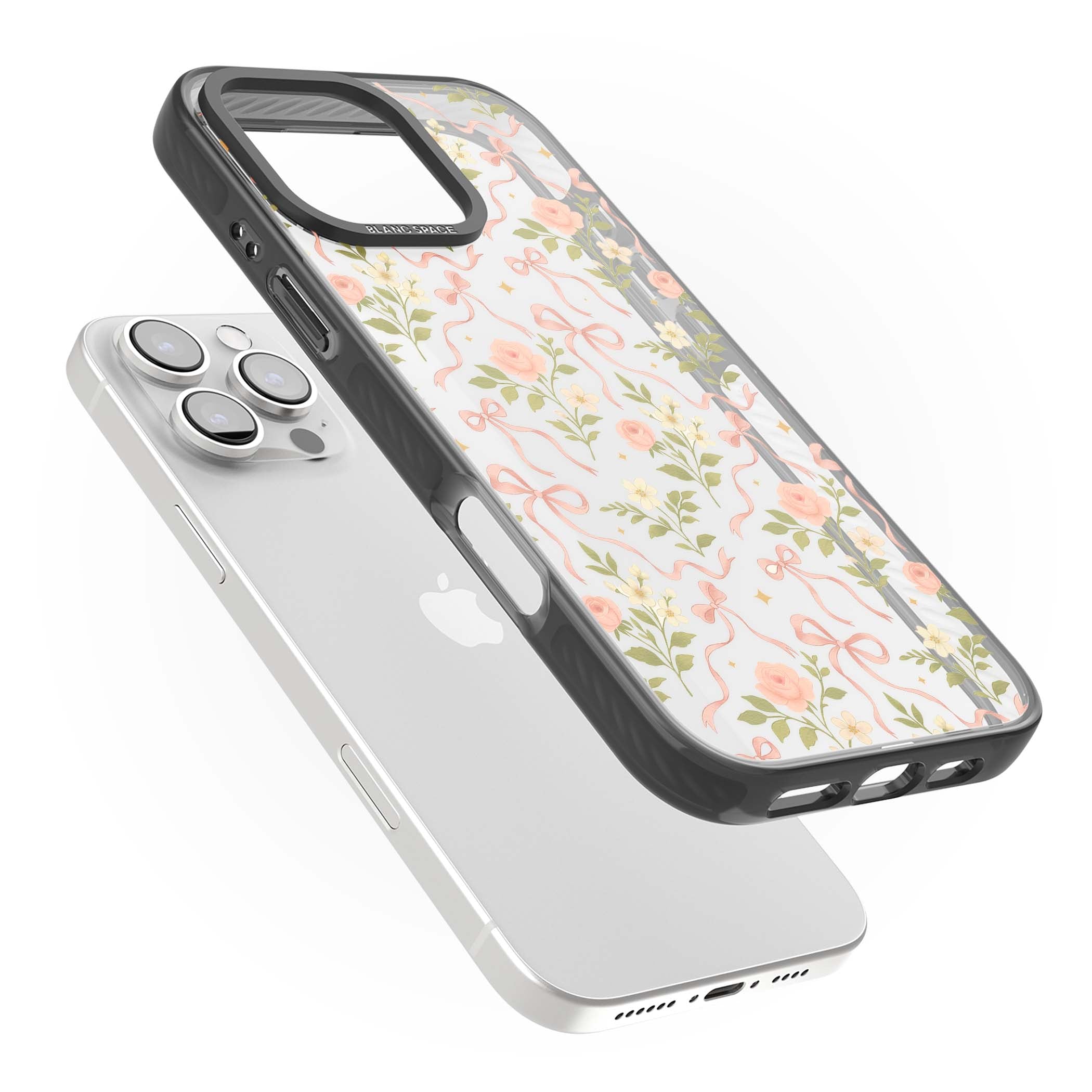 Ribbon Garden coquette iPhone case featuring pink bows, peach roses and wildflowers on white background | Black Impact case for iPhone 16 Pro, iPhone 16 Pro Max