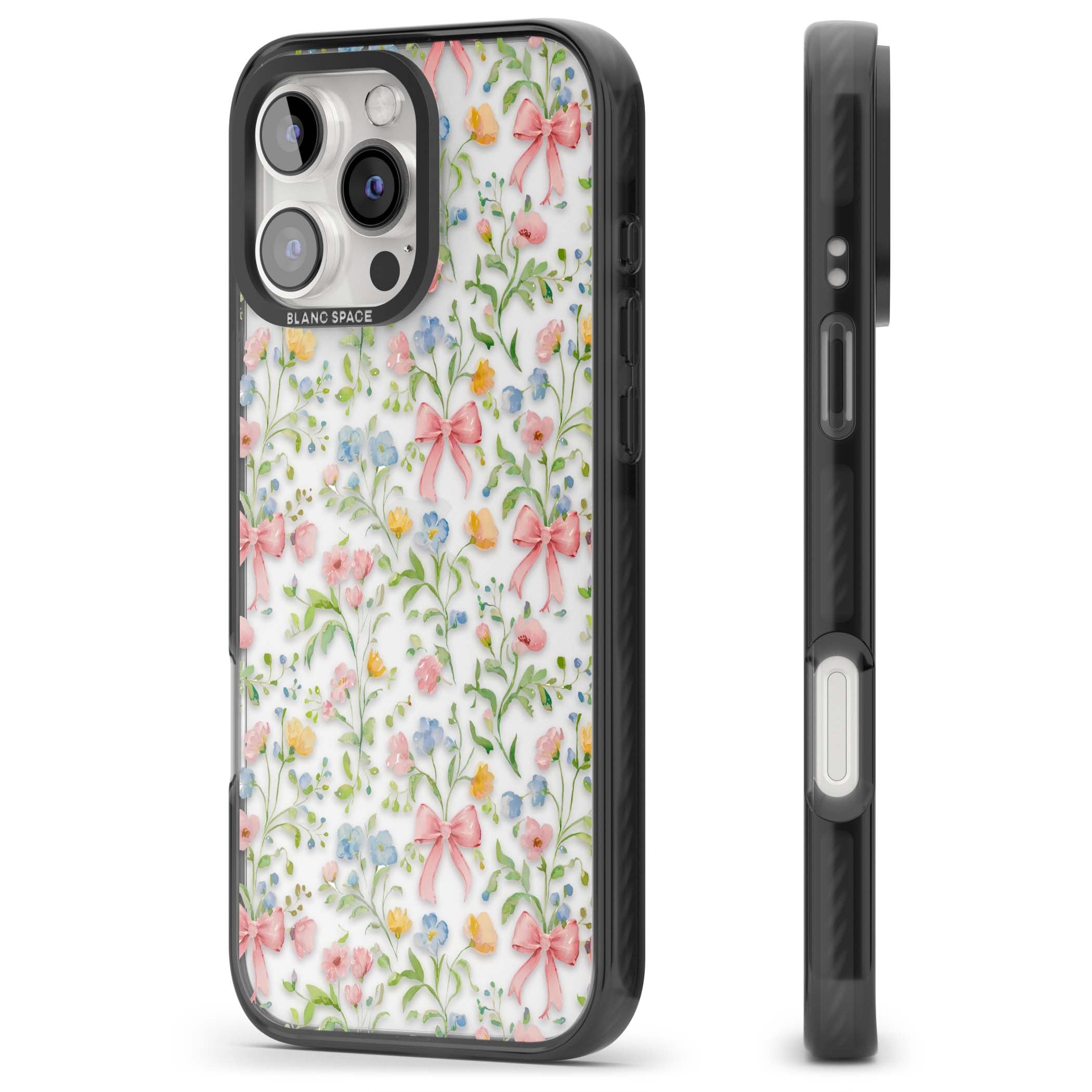 Ribbons & Wildflowers cottagecore iPhone case featuring watercolor wildflowers, pink satin bows, and delicate spring blooms o | Black Impact case for iPhone 16 Pro, iPhone 16 Pro Max
