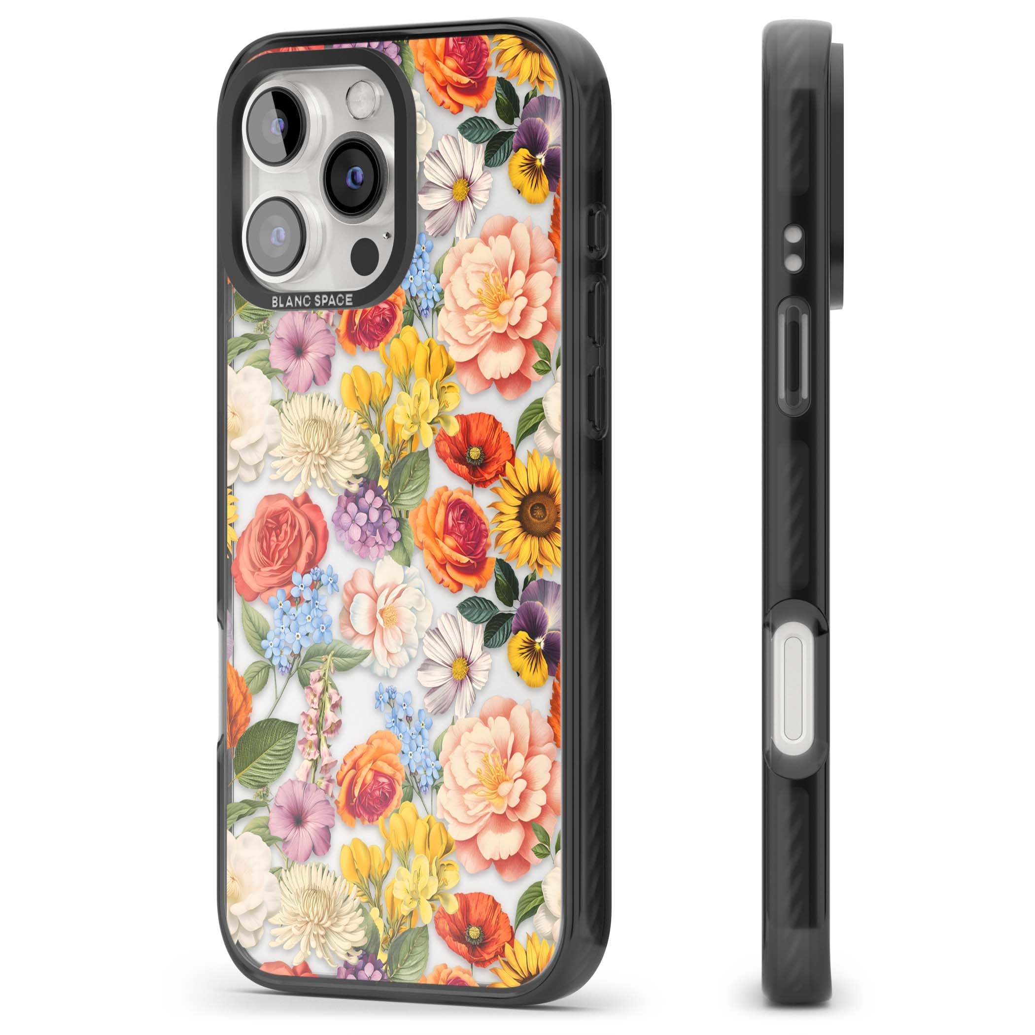 Bloom Basket floral iPhone case featuring cottage garden flowers including peonies, sunflowers, and wildflowers in pastel col | Black Impact case for iPhone 16 Pro, iPhone 16 Pro Max