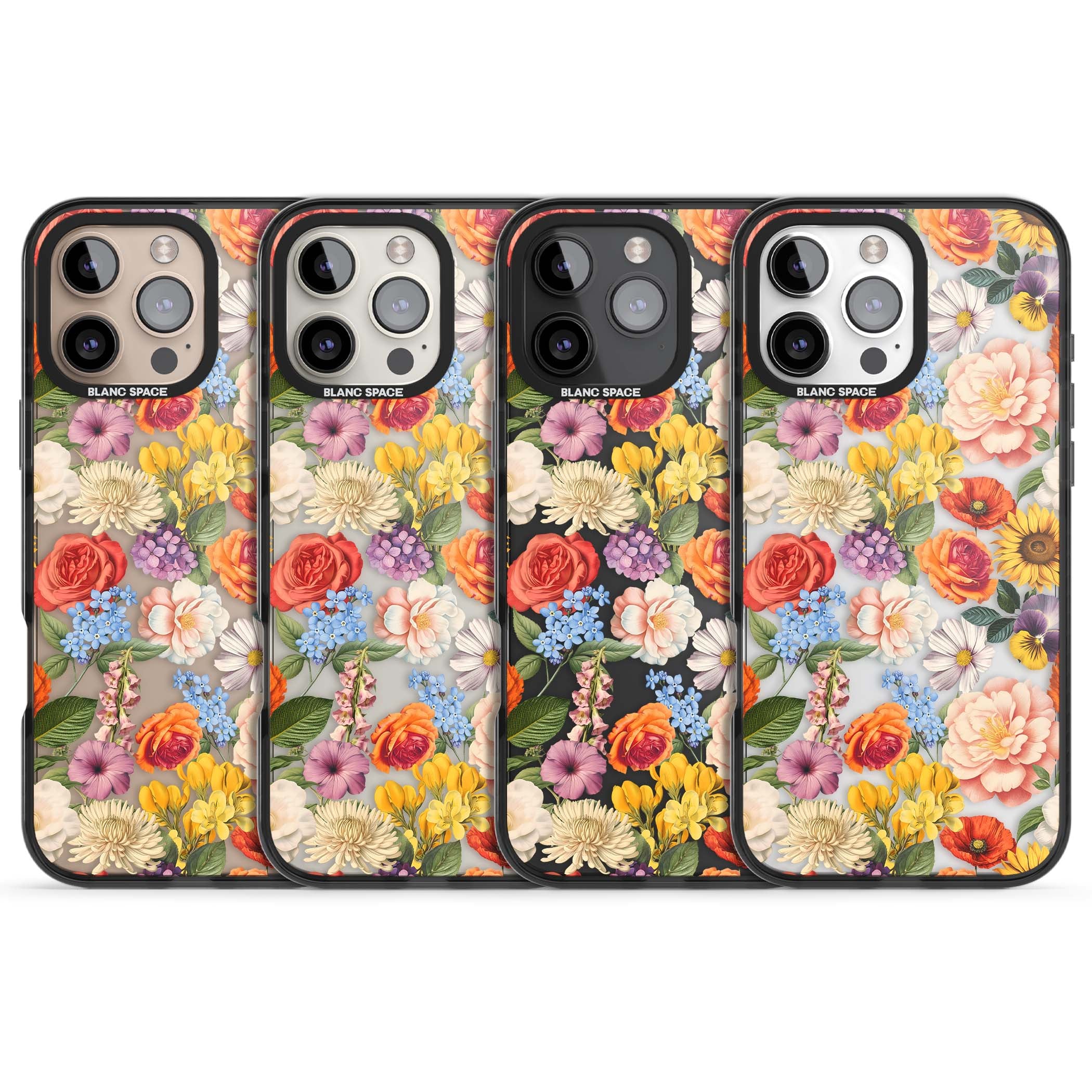 Bloom Basket floral iPhone case featuring cottage garden flowers including peonies, sunflowers, and wildflowers in pastel col | Black Impact case for iPhone 16 Pro, iPhone 16 Pro Max