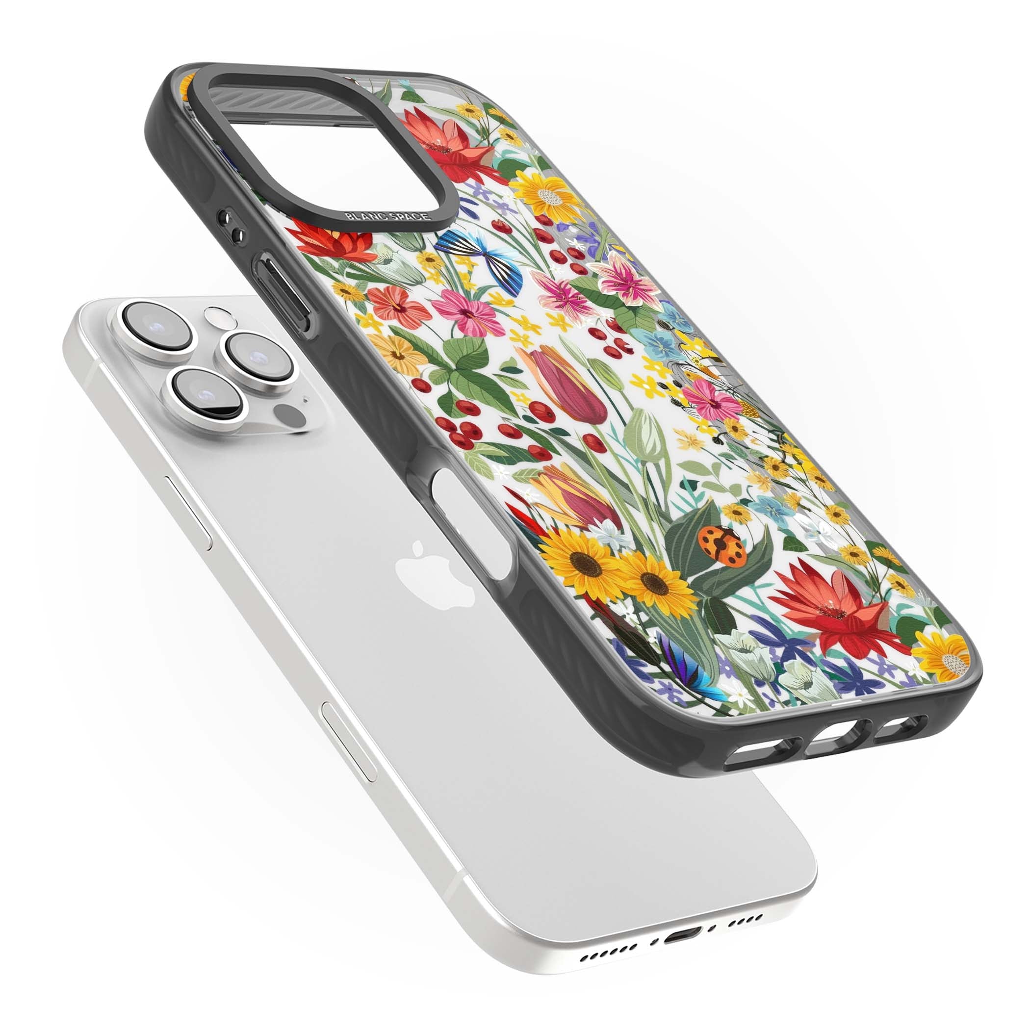 Botanical Bloom cottagecore iPhone case featuring colorful wildflowers, sunflowers, and ladybugs on clear background | Black Impact case for iPhone 16 Pro, iPhone 16 Pro Max