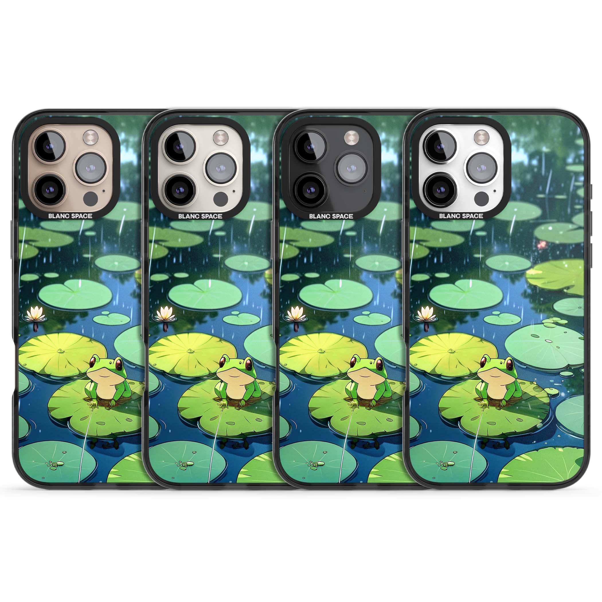 Frog In Lily Pond cottagecore iPhone case featuring a cute green frog on a lily pad with falling rain and a lotus flower | Black Impact case for iPhone 16 Pro, iPhone 16 Pro Max