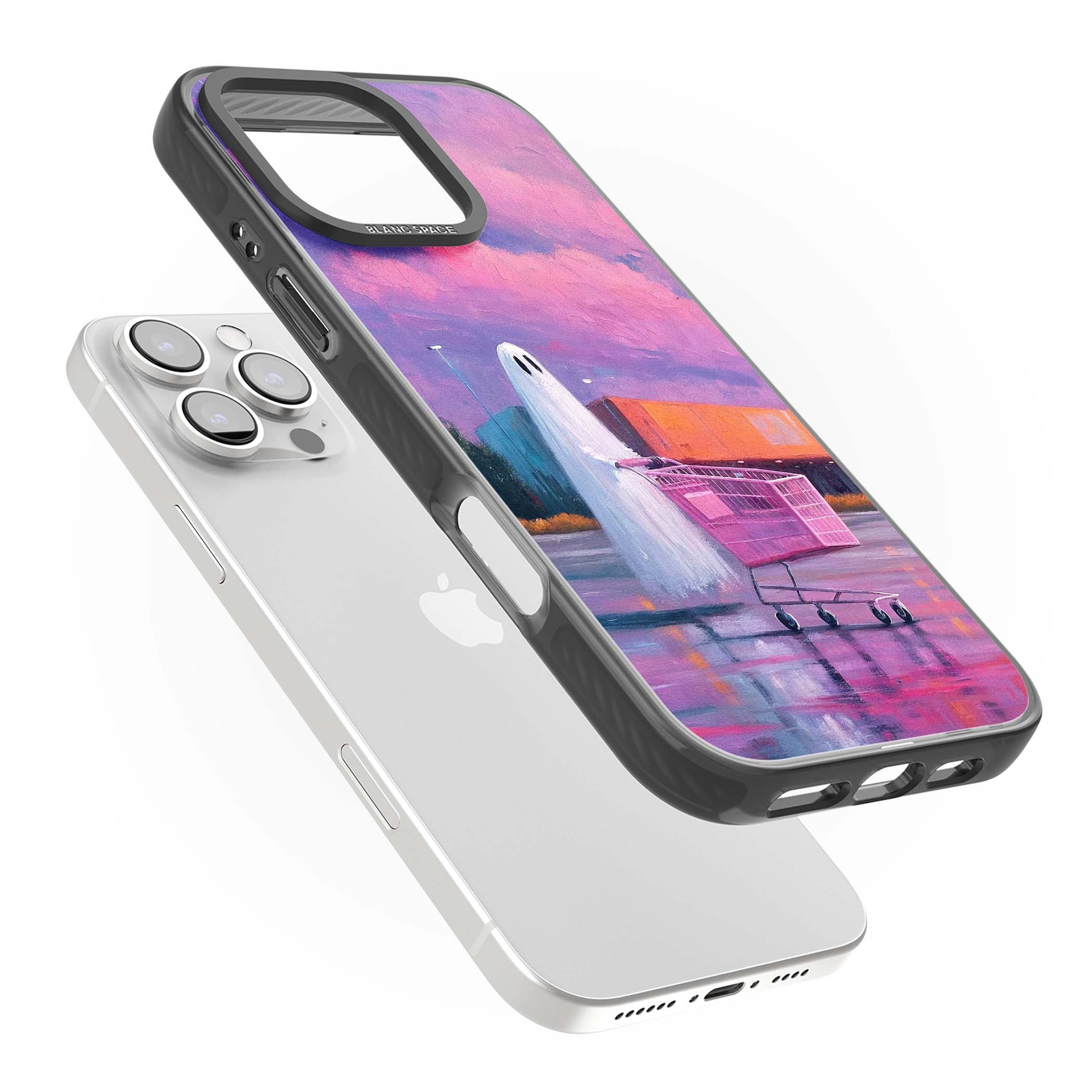 A Ghost's Errand ghost halloween iPhone case featuring a painted ghost, pink shopping trolley and purple sunset sky | Black Impact case for iPhone 16 Pro, iPhone 16 Pro Max