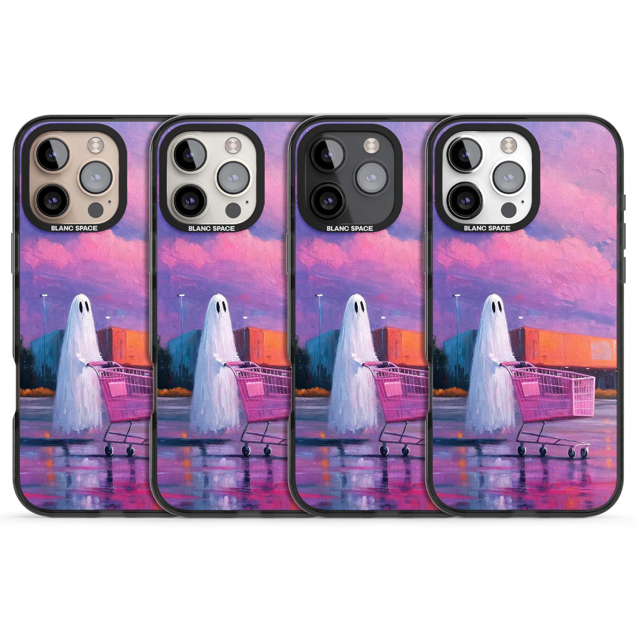 A Ghost's Errand ghost halloween iPhone case featuring a painted ghost, pink shopping trolley and purple sunset sky | Black Impact case for iPhone 16 Pro, iPhone 16 Pro Max