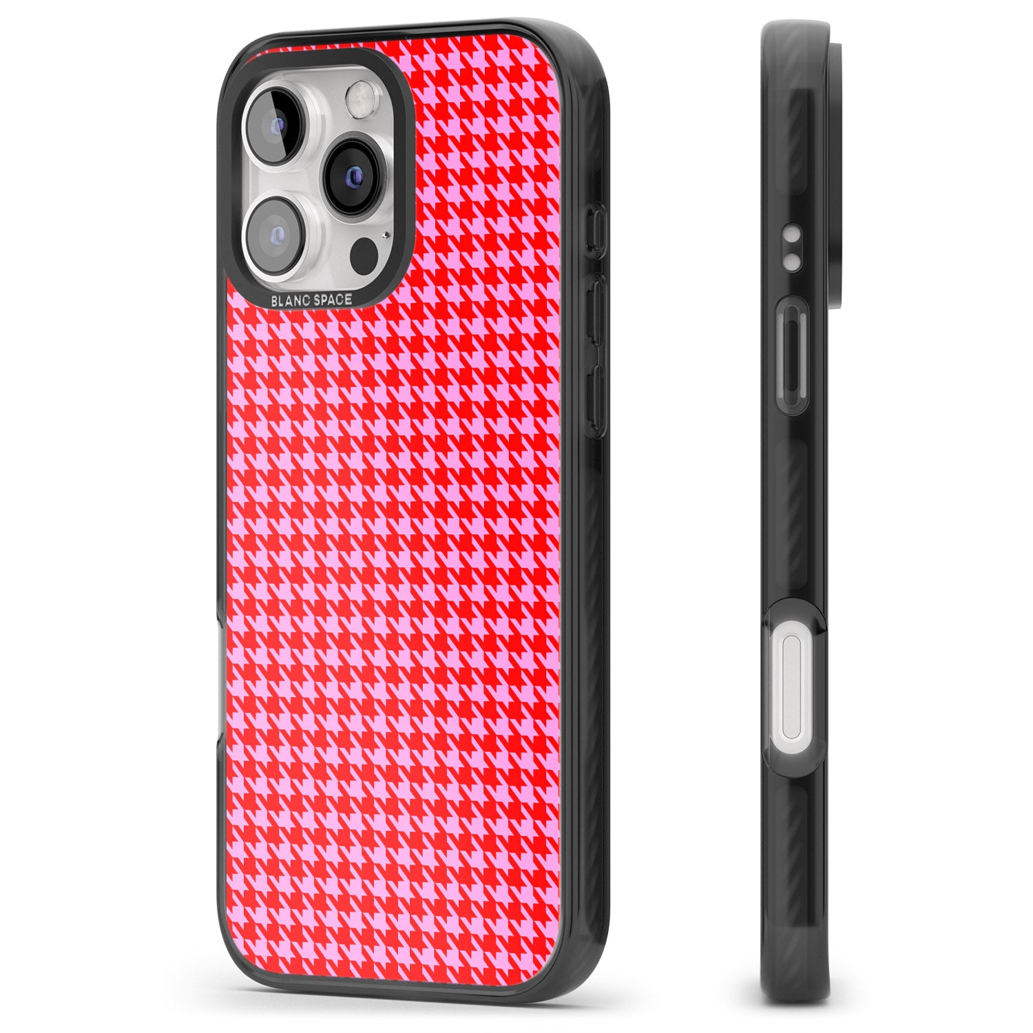iPhone 16 Pro Max Neon Pink & Red Houndstooth Pattern Black Impact Phone Case