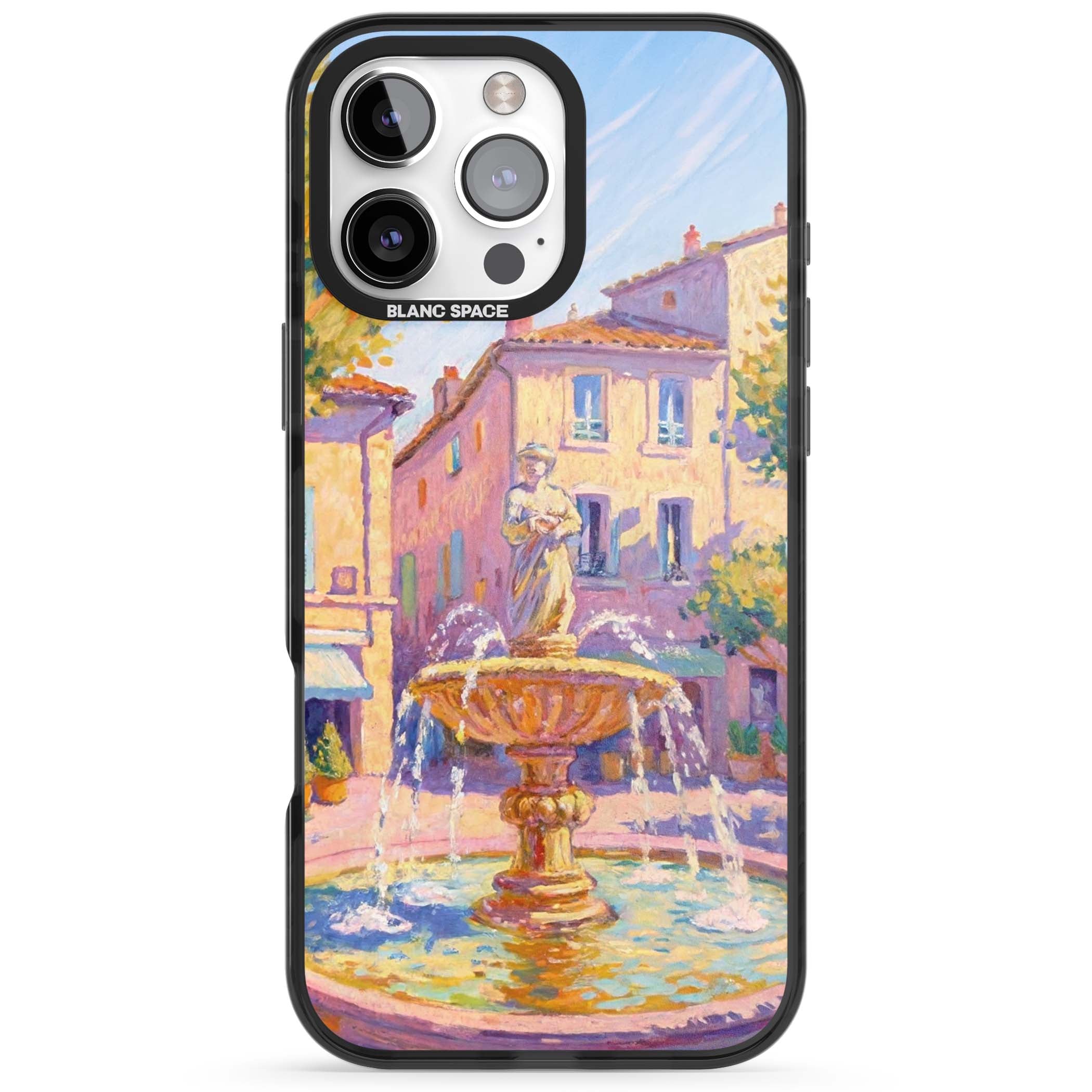 Fountain Square fine art iPhone case featuring an impressionist Provençal fountain, pastel village buildings and summe | Black Impact case for iPhone 16 Pro, iPhone 16 Pro Max