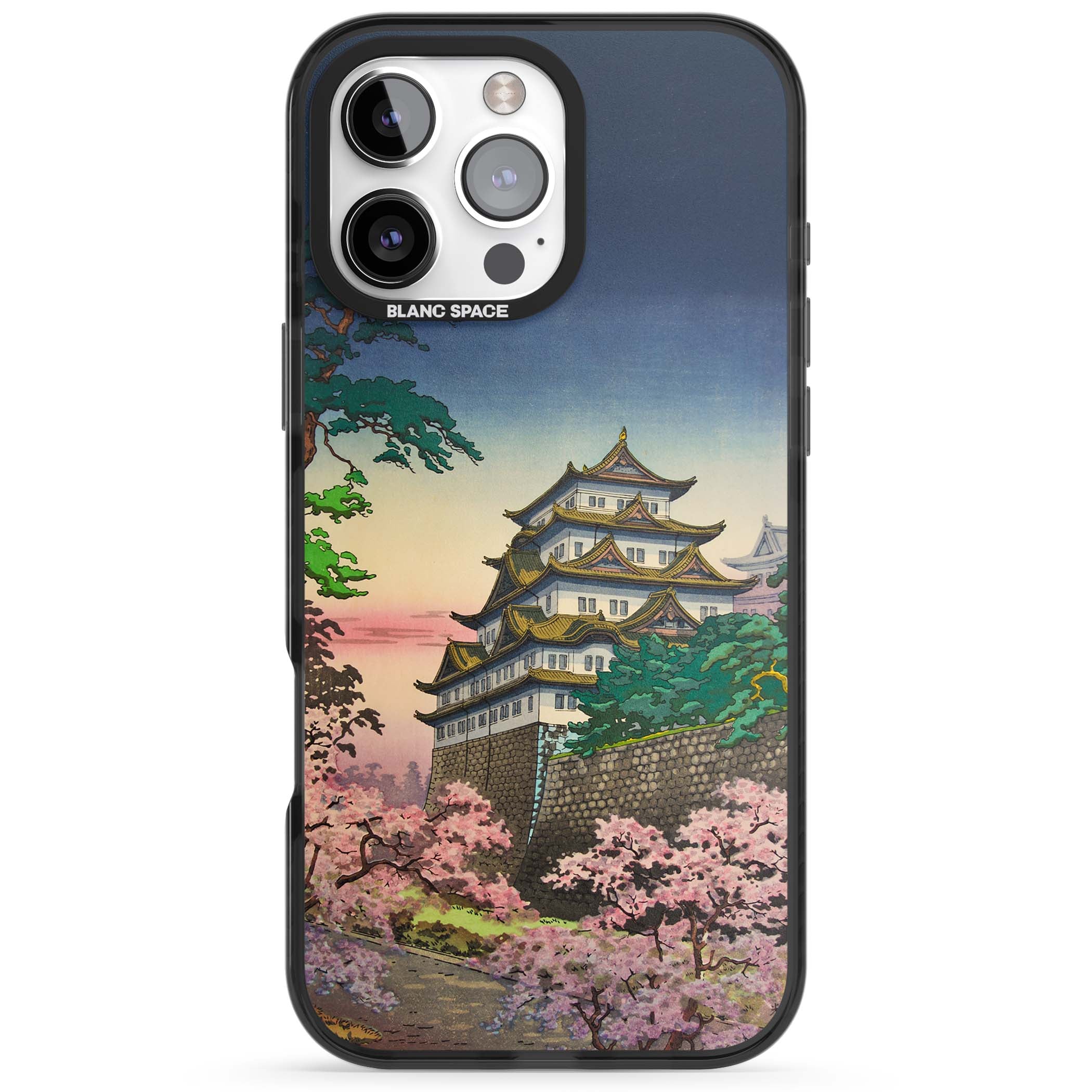 Nagoya Castle Japanese iPhone case featuring a vintage pagoda, twilight sky and cherry blossom trees | Black Impact case for iPhone 16 Pro, iPhone 16 Pro Max