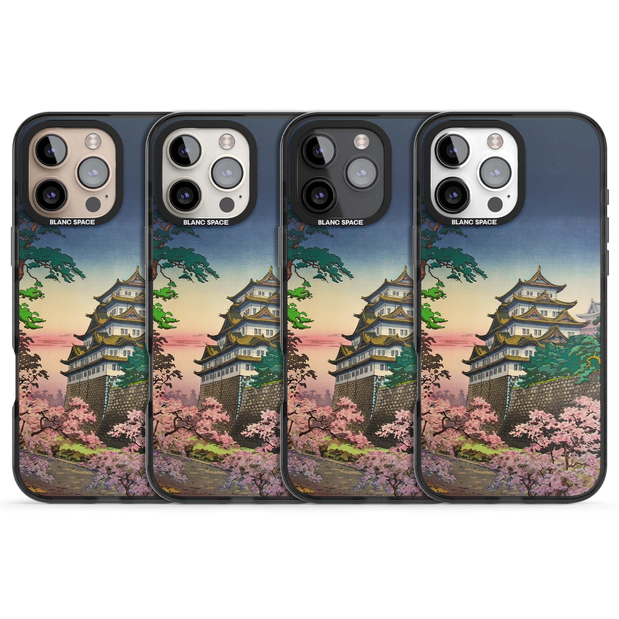 Nagoya Castle Japanese iPhone case featuring a vintage pagoda, twilight sky and cherry blossom trees | Black Impact case for iPhone 16 Pro, iPhone 16 Pro Max