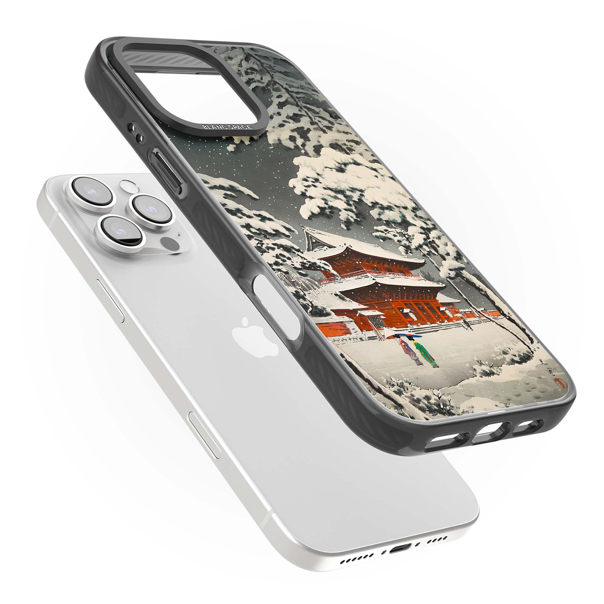 Snow at Shiha Park, Tokyo Japanese art iPhone case featuring a vintage ukiyo-e snowy temple, red pagoda, and snow-covered pin | Black Impact case for iPhone 16 Pro, iPhone 16 Pro Max