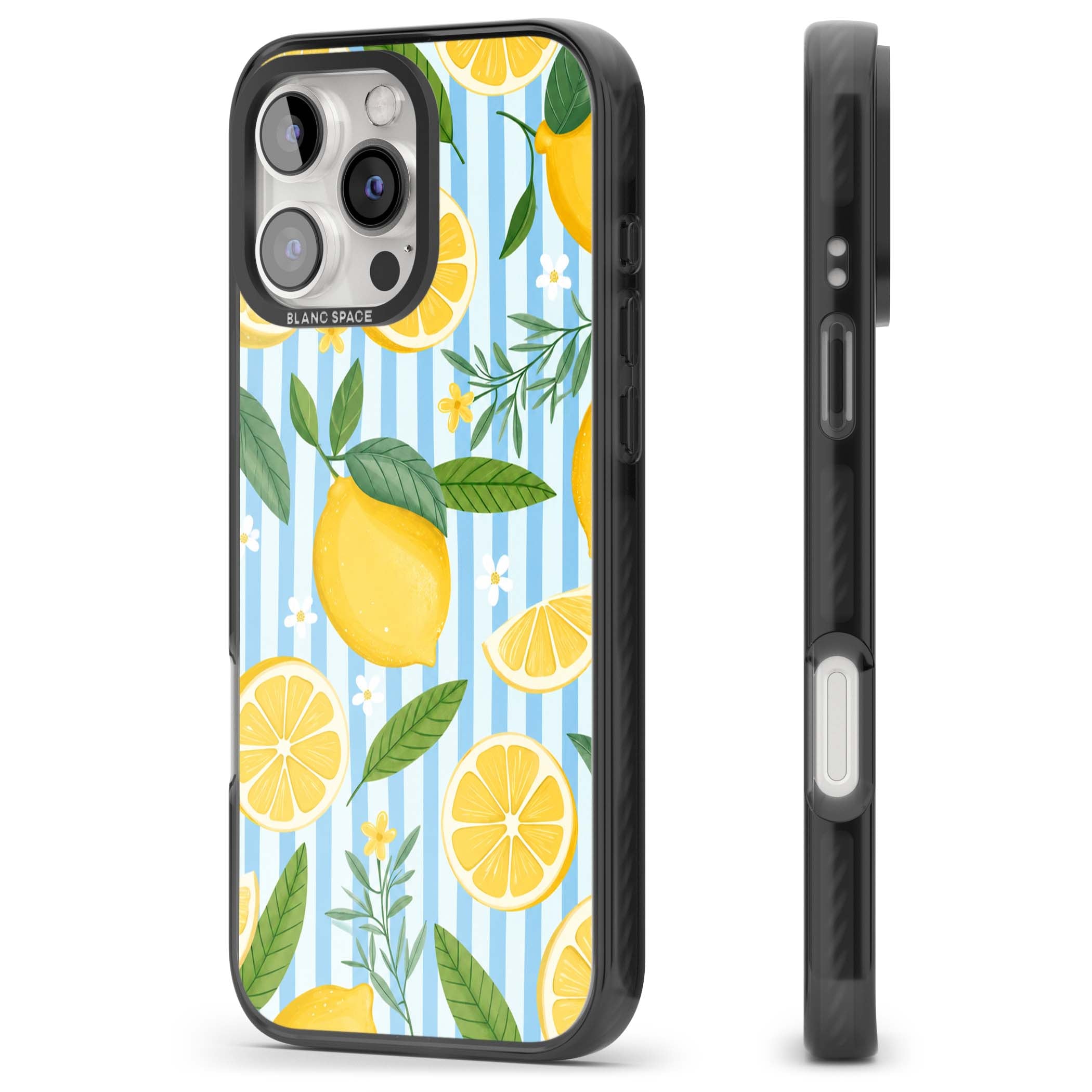 Capri Citrus Stripe coastal iPhone case featuring yellow lemons, blue stripes, and white daisy blossoms | Black Impact case for iPhone 16 Pro, iPhone 16 Pro Max