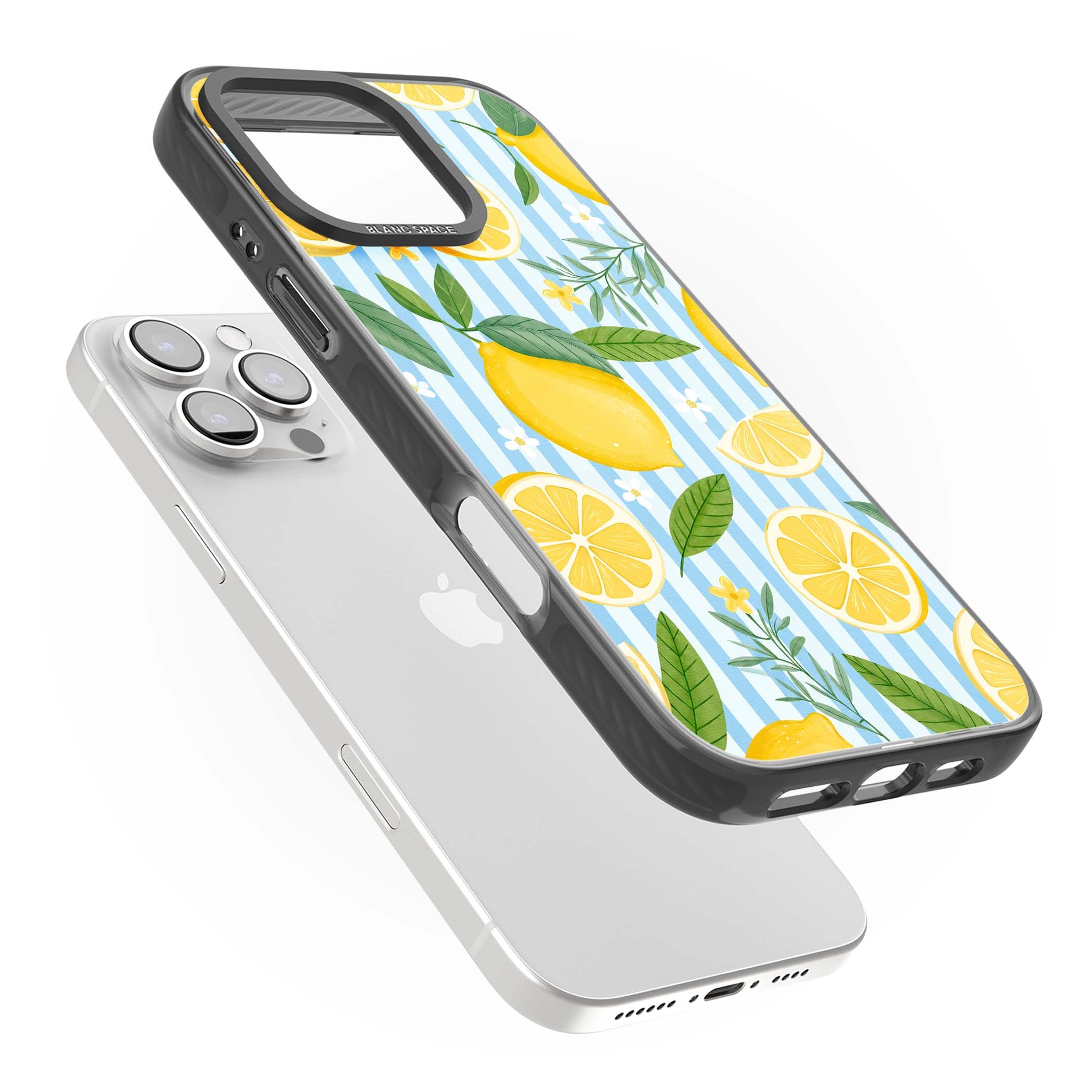 Capri Citrus Stripe coastal iPhone case featuring yellow lemons, blue stripes, and white daisy blossoms | Black Impact case for iPhone 16 Pro, iPhone 16 Pro Max