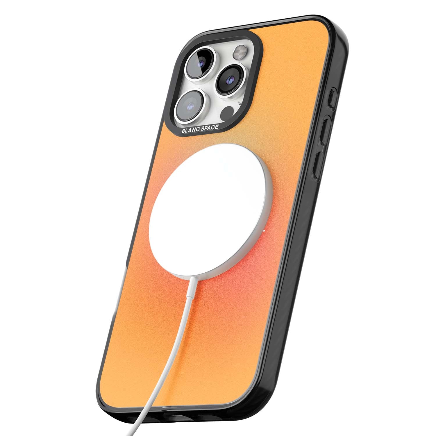 Good Energy quote iPhone case featuring an orange and pink aura gradient with white serif affirmation text | Black Impact Magsafe case for iPhone 16 Pro, iPhone 16 Pro Max