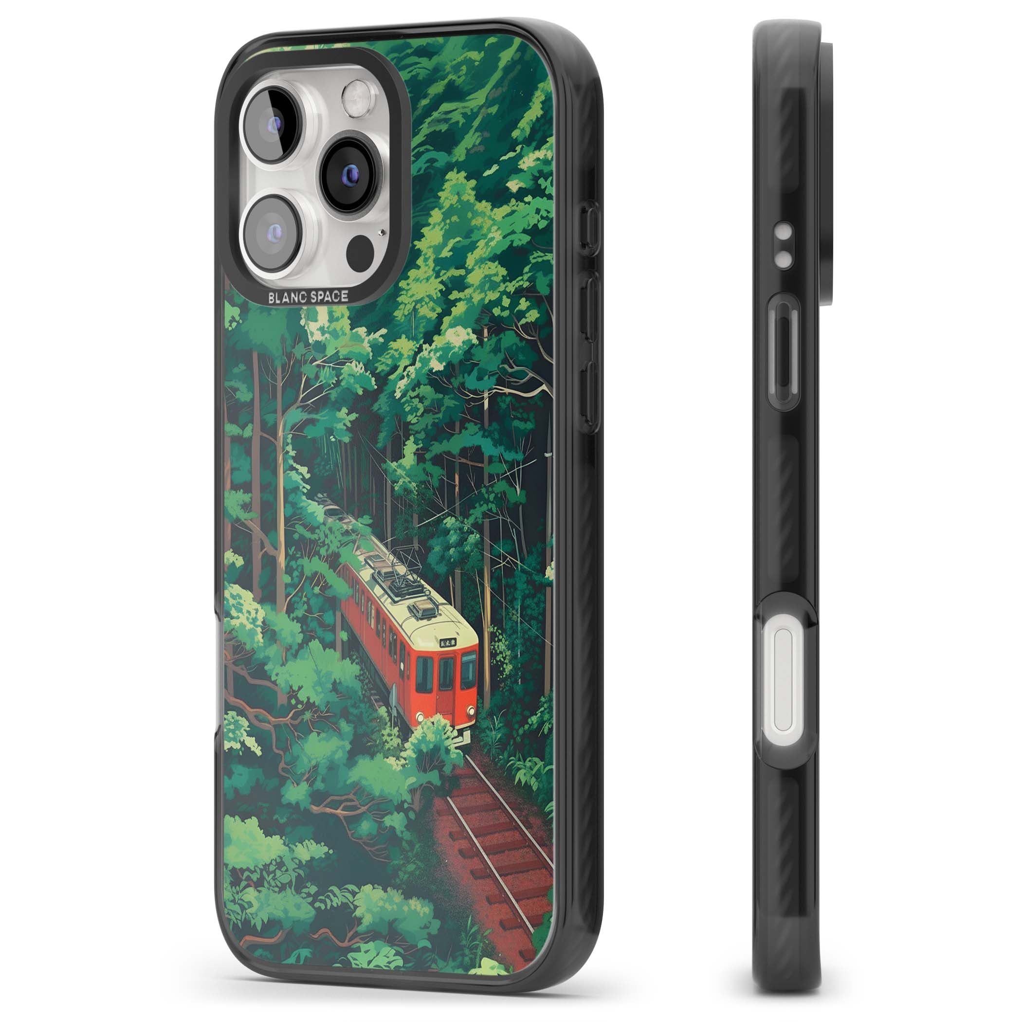 Railway In Toyama Japanese iPhone case featuring a red train, cedar forest and winding mountain railway tracks | Black Impact Magsafe case for iPhone 16 Pro, iPhone 16 Pro Max