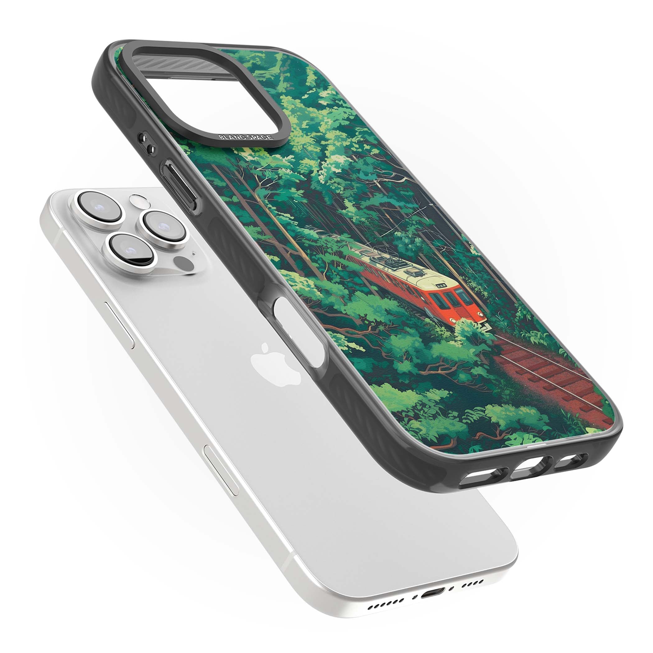 Railway In Toyama Japanese iPhone case featuring a red train, cedar forest and winding mountain railway tracks | Black Impact Magsafe case for iPhone 16 Pro, iPhone 16 Pro Max