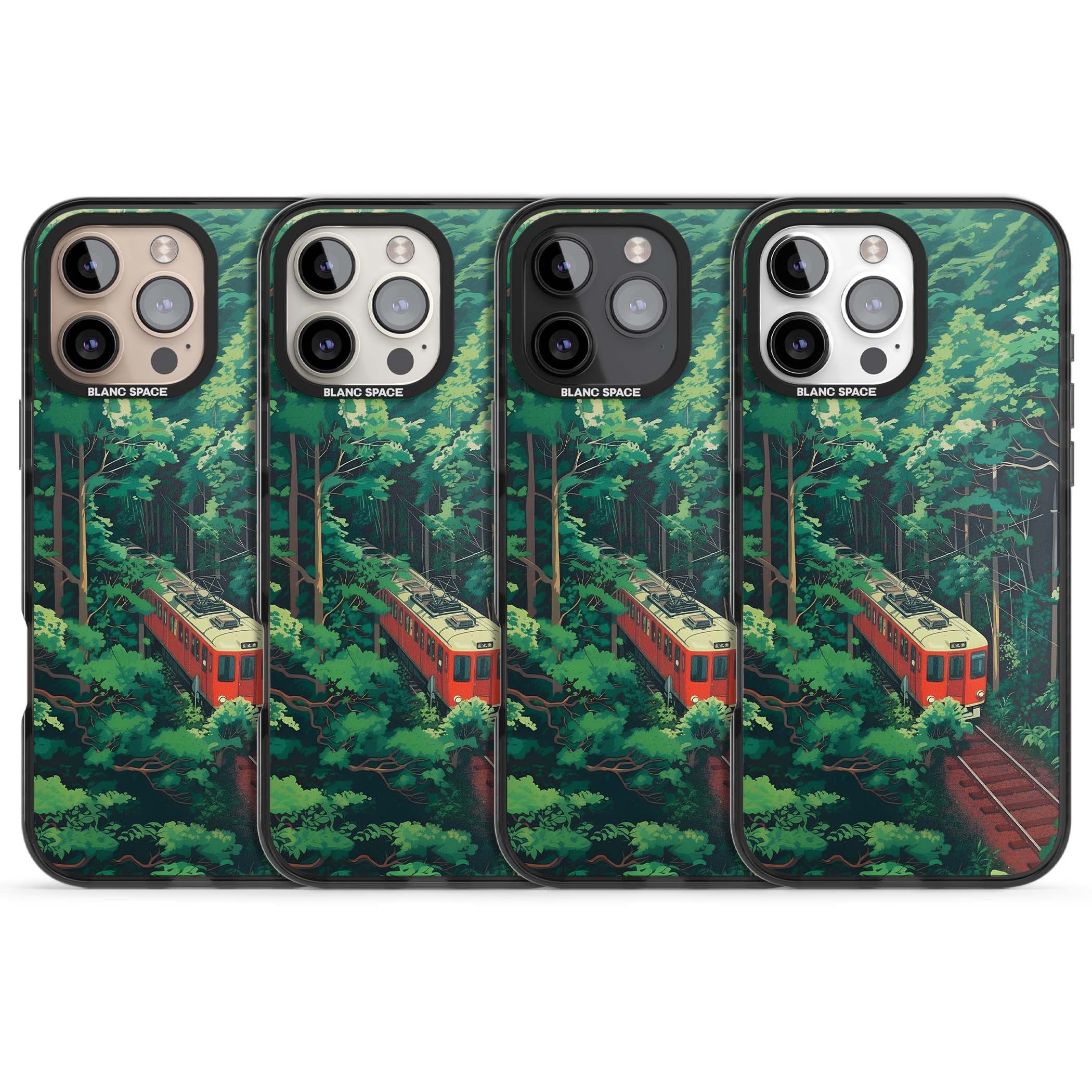 Railway In Toyama Japanese iPhone case featuring a red train, cedar forest and winding mountain railway tracks | Black Impact Magsafe case for iPhone 16 Pro, iPhone 16 Pro Max