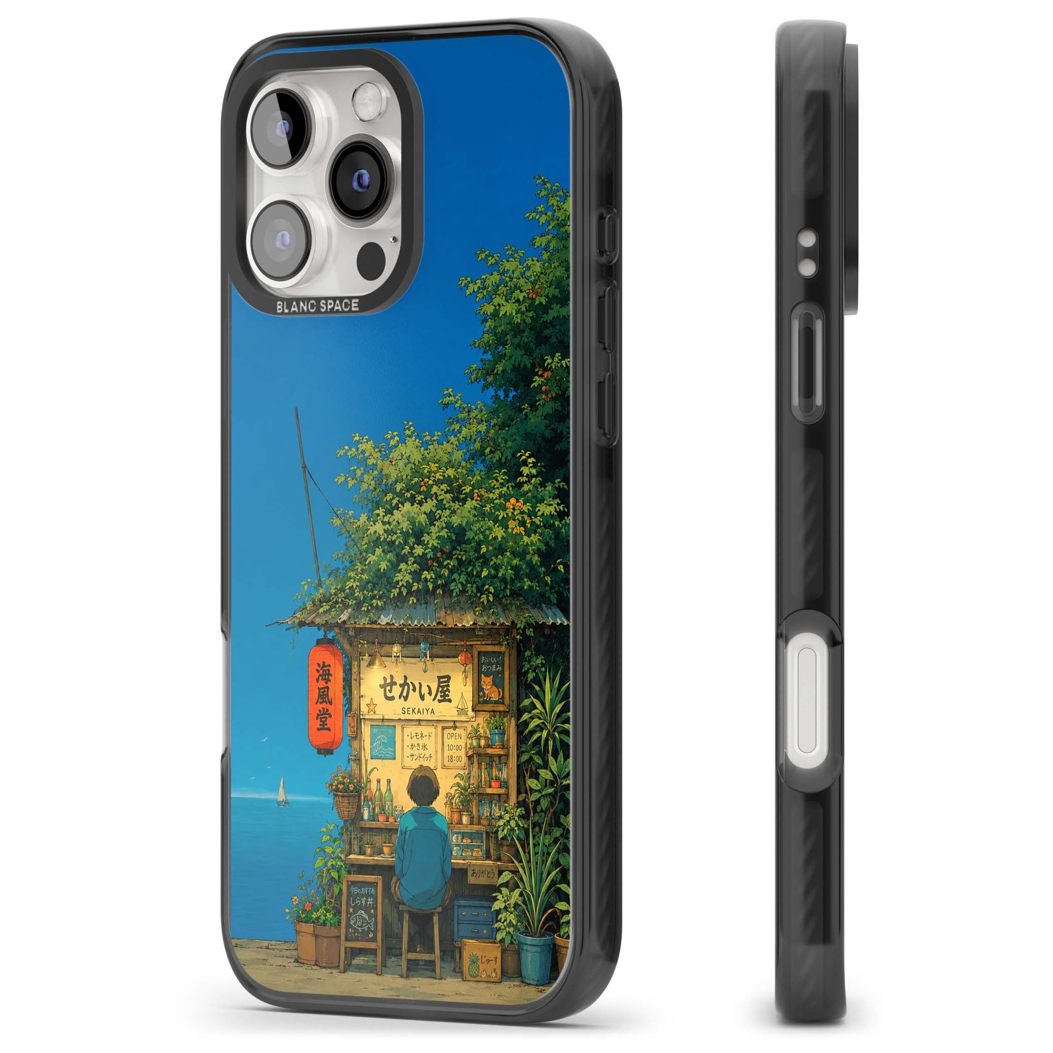 The Shirahama Kiosk anime iPhone case featuring a Japanese seaside shop, red paper lantern and ocean view | Black Impact Magsafe case for iPhone 16 Pro, iPhone 16 Pro Max