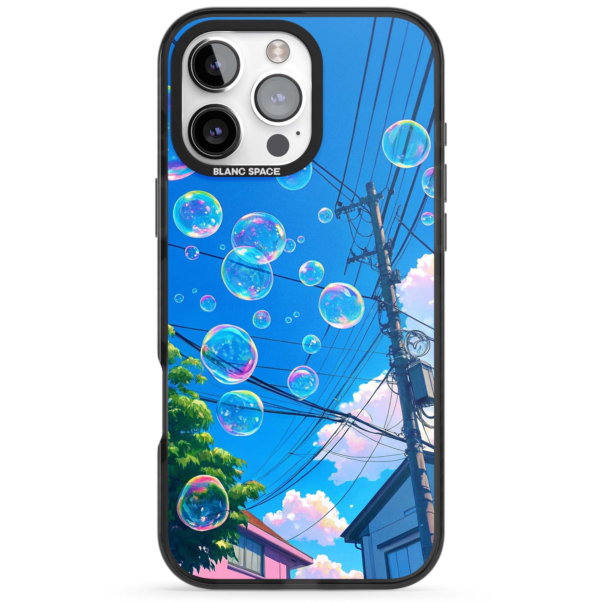 Suburban Bubbles anime iPhone case featuring iridescent soap bubbles, blue sky and Japanese telephone wires | Black Impact Magsafe case for iPhone 16 Pro, iPhone 16 Pro Max