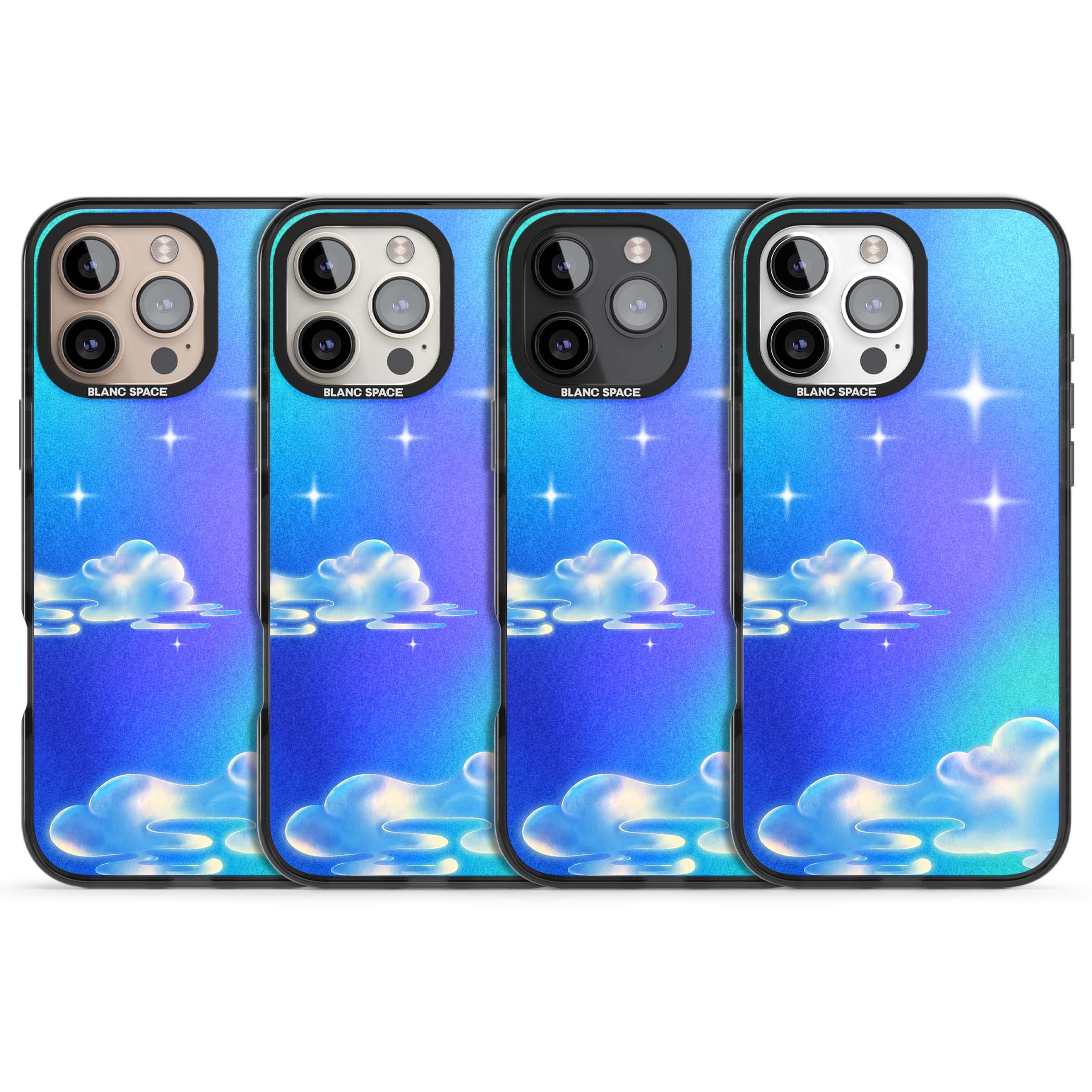 Aurora celestial iPhone case featuring dreamy iridescent clouds, sparkling stars and pastel blue purple sky | Black Impact Magsafe case for iPhone 16 Pro, iPhone 16 Pro Max