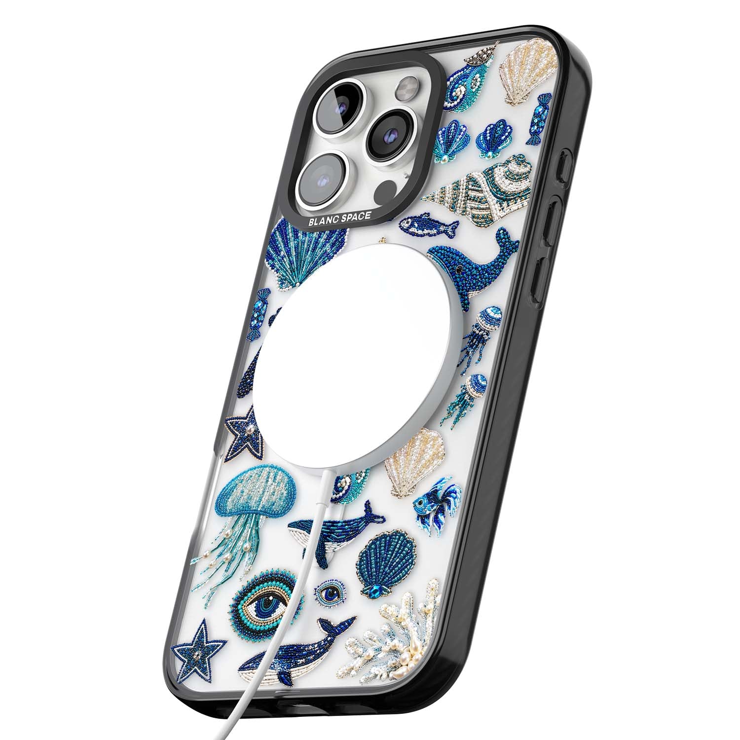 Beaded Coastal coastal iPhone case featuring embroidered seashells, jellyfish and a blue whale on clear | Black Impact Magsafe case for iPhone 16 Pro, iPhone 16 Pro Max